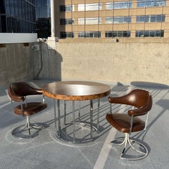 Burl & Chrome Bistro Table with 2 Mid-Century Cal-Style Leather Swivel Chairs