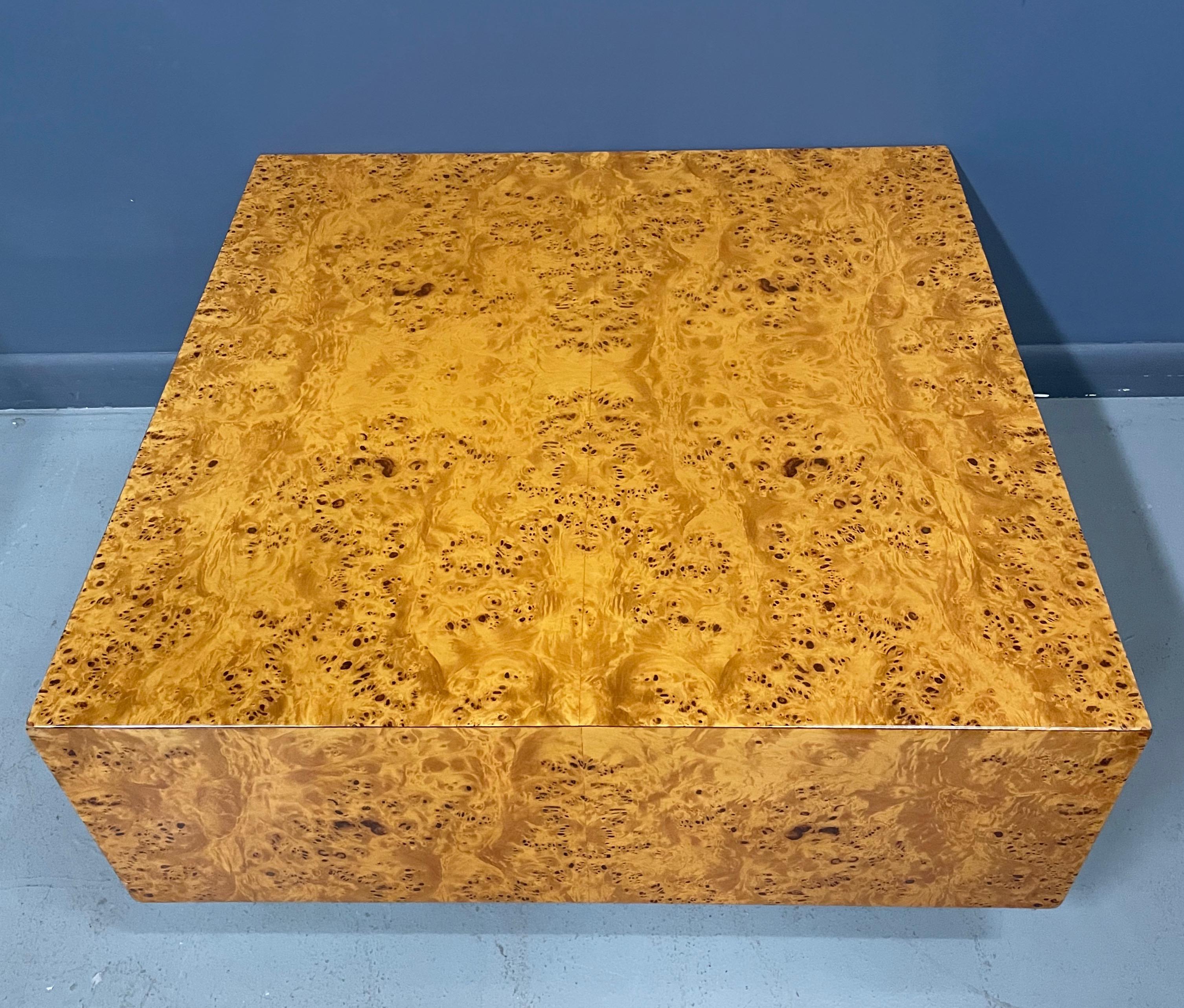 North American Burl Square Coffee Table on a Plinth Base Milo Baughman Style Mid Century