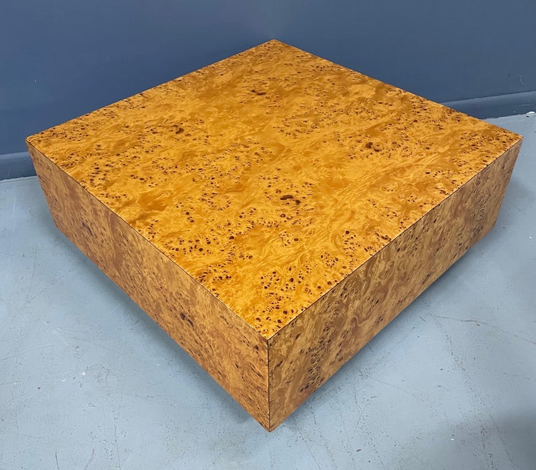 Burl Square Coffee Table on a Plinth Base Milo Baughman Style Mid Century For Sale 1