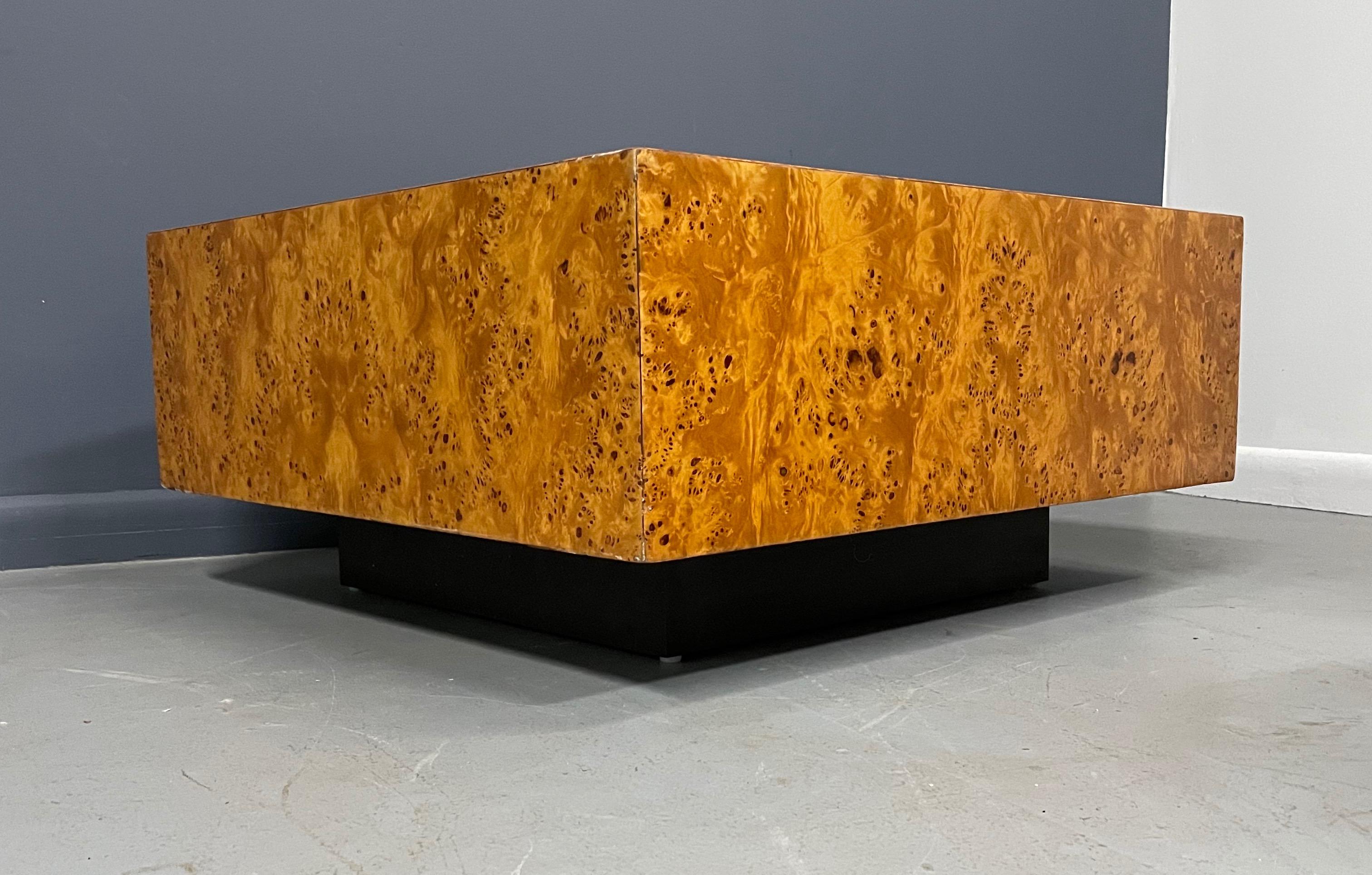 20th Century Burl Square Coffee Table on a Plinth Base Milo Baughman Style Mid Century