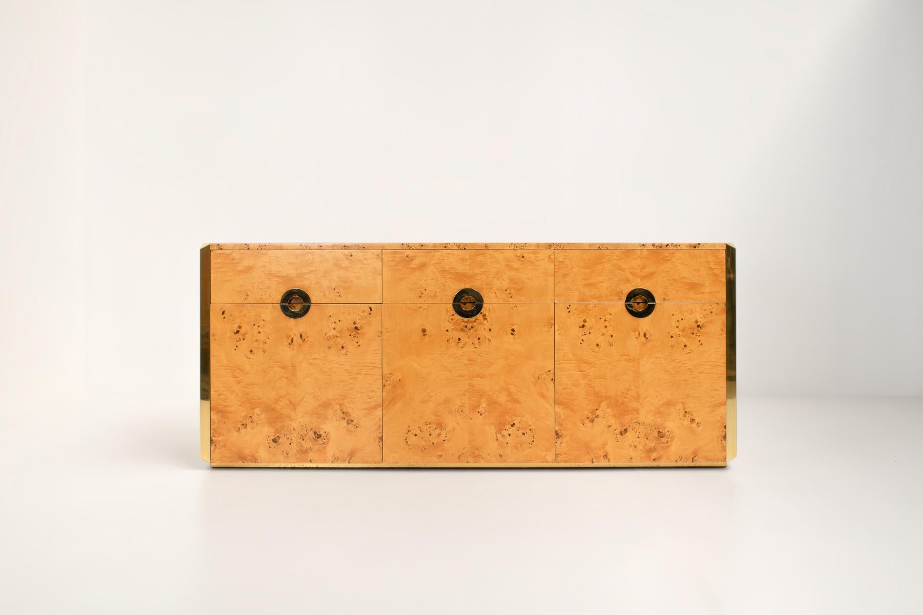 Brass Burl Credenza by Willy Rizzo for Mario Sabot, Italy, 1970s