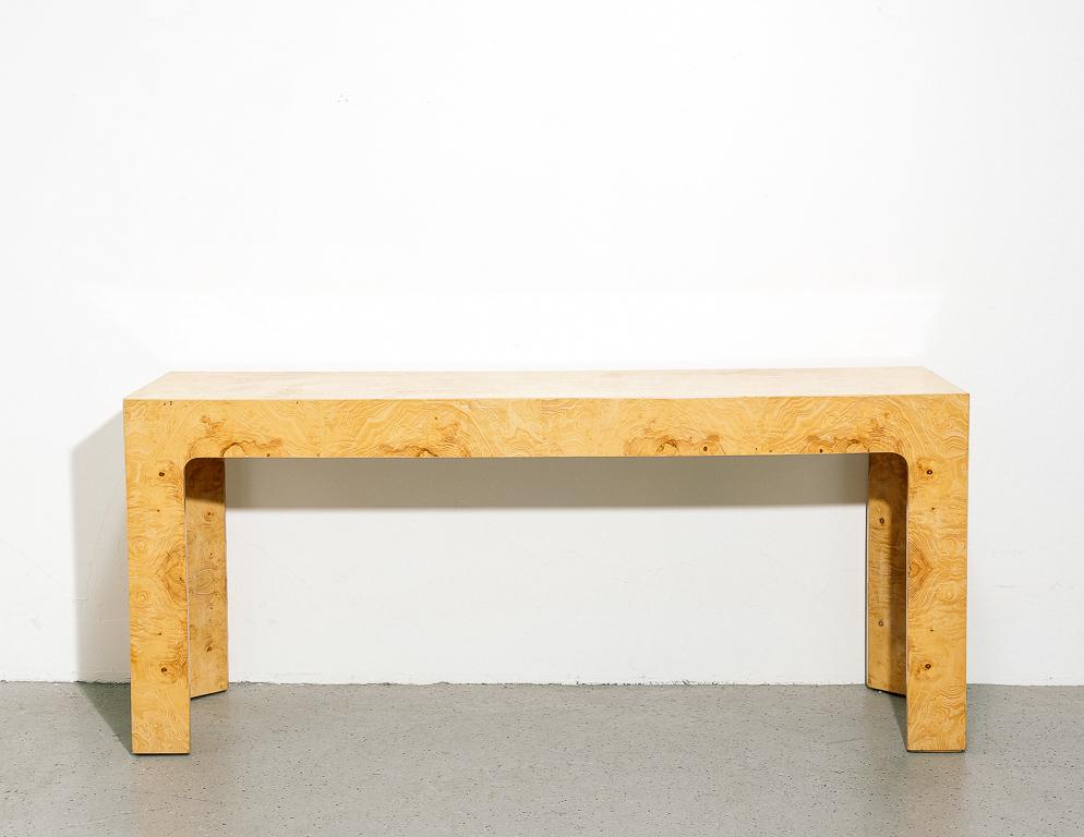 Vintage console table in bookmatched burl elm veneer. Minimalist form with three-sided legs.