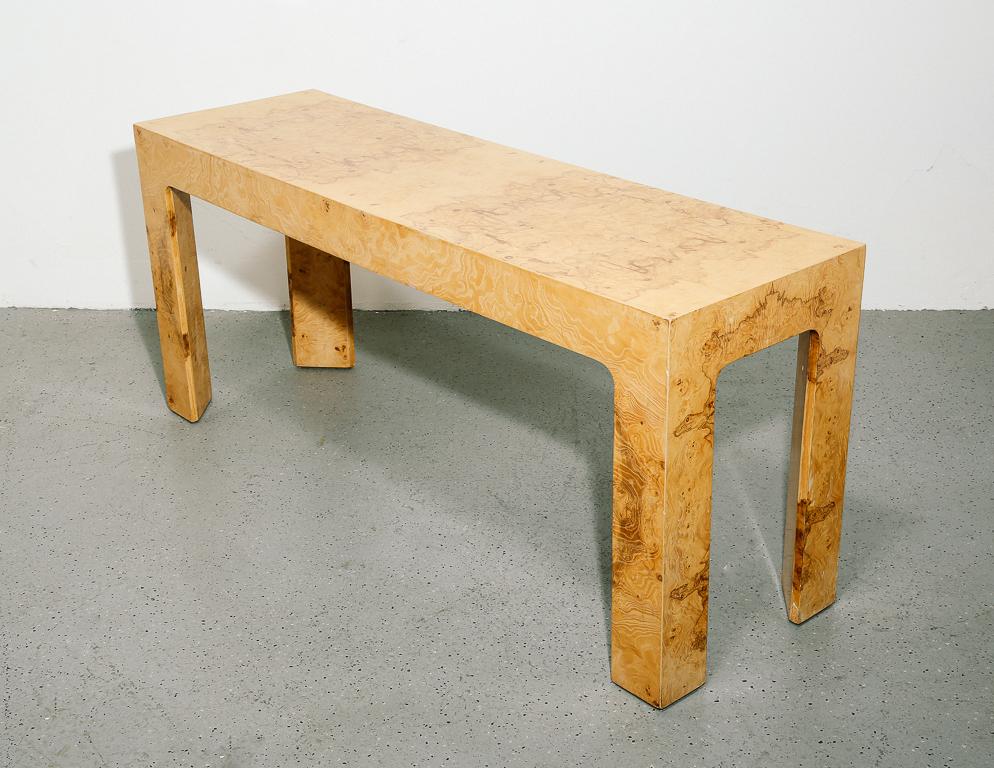 Mid-Century Modern Burl Elm Console Table in the Style of Milo Baughman