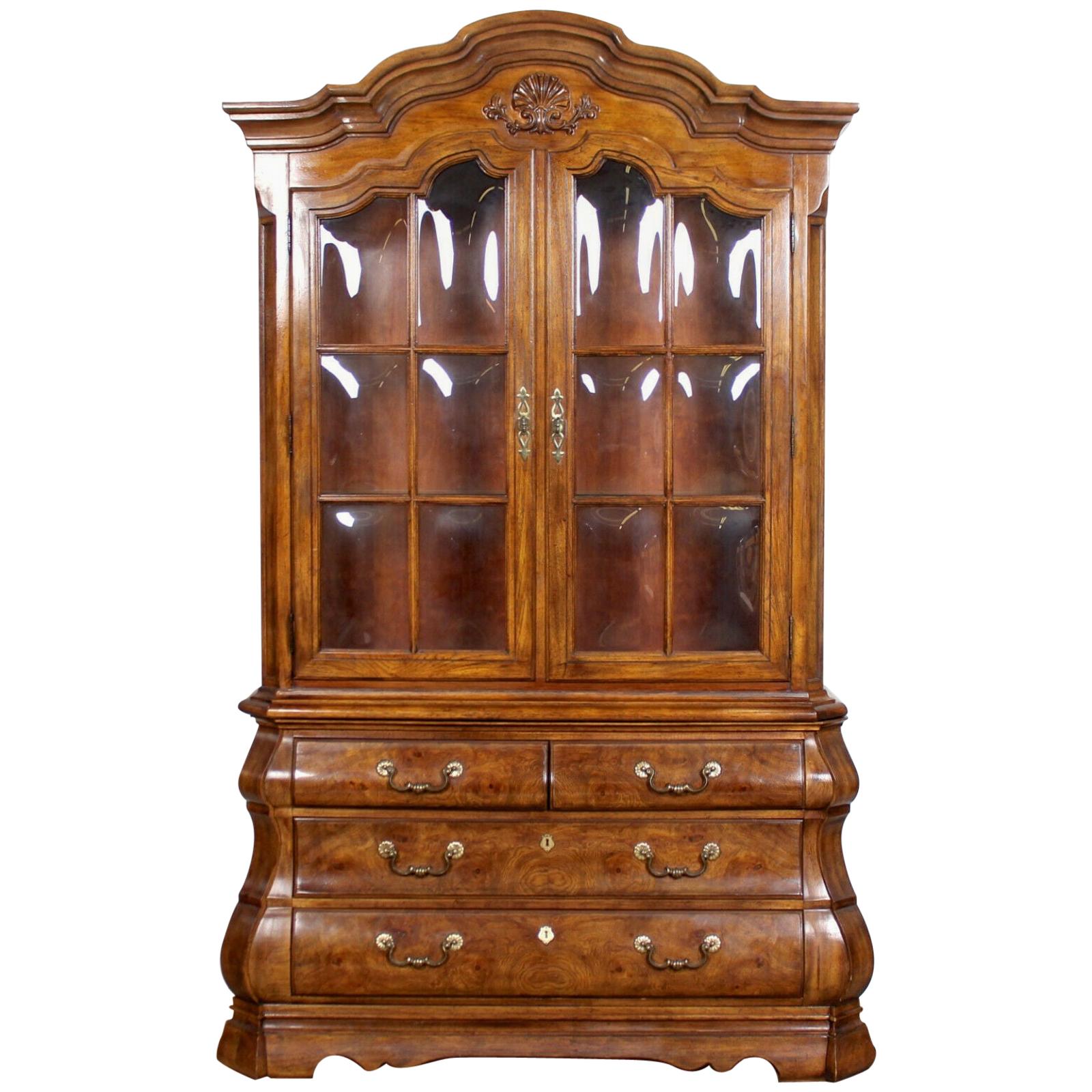 Burl Elm Dutch Bombe Display Cabinet on Chest Glazed Dresser For Sale