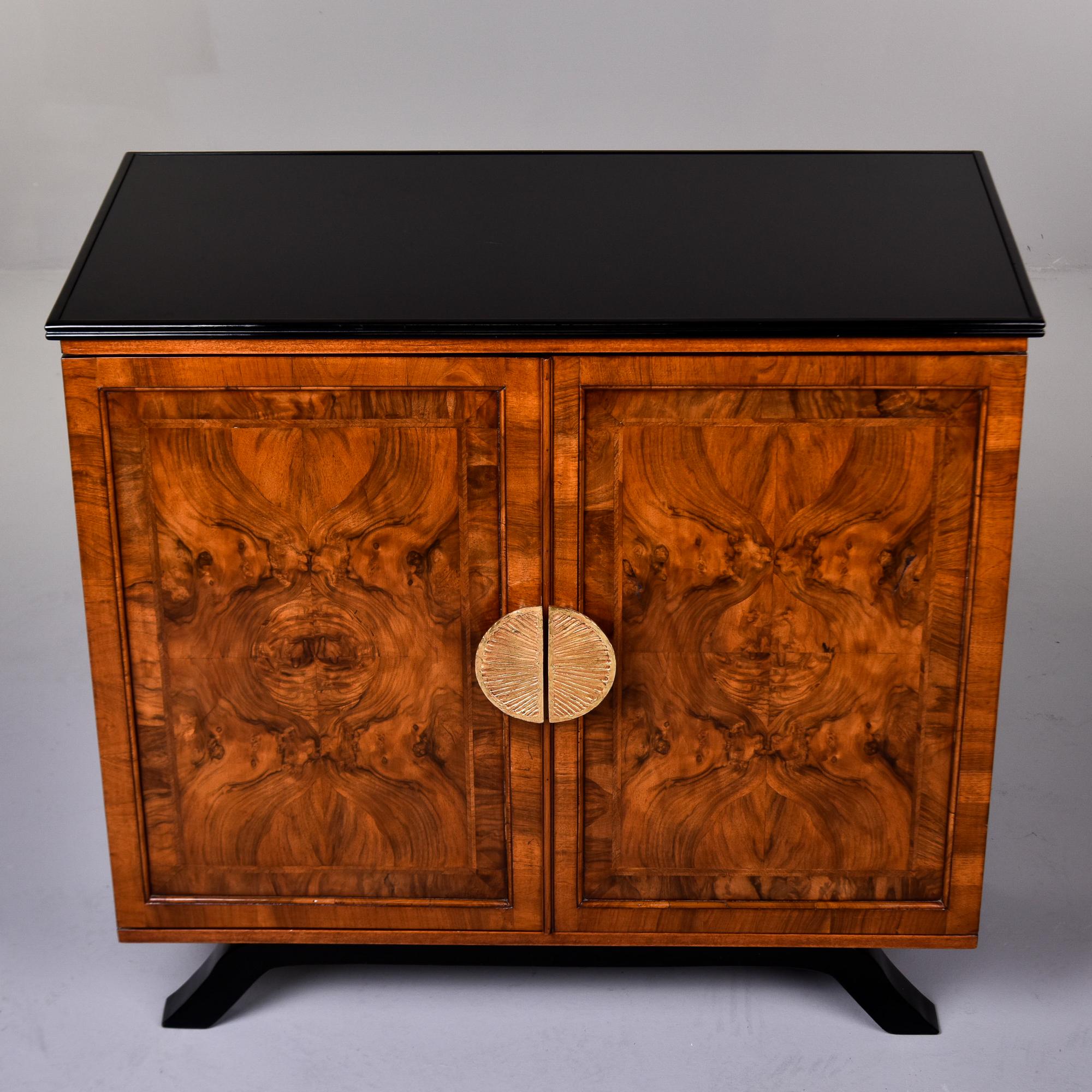 Burl Elm Two Door Cabinet with Black Glass Top and Brass Handles In Good Condition For Sale In Troy, MI