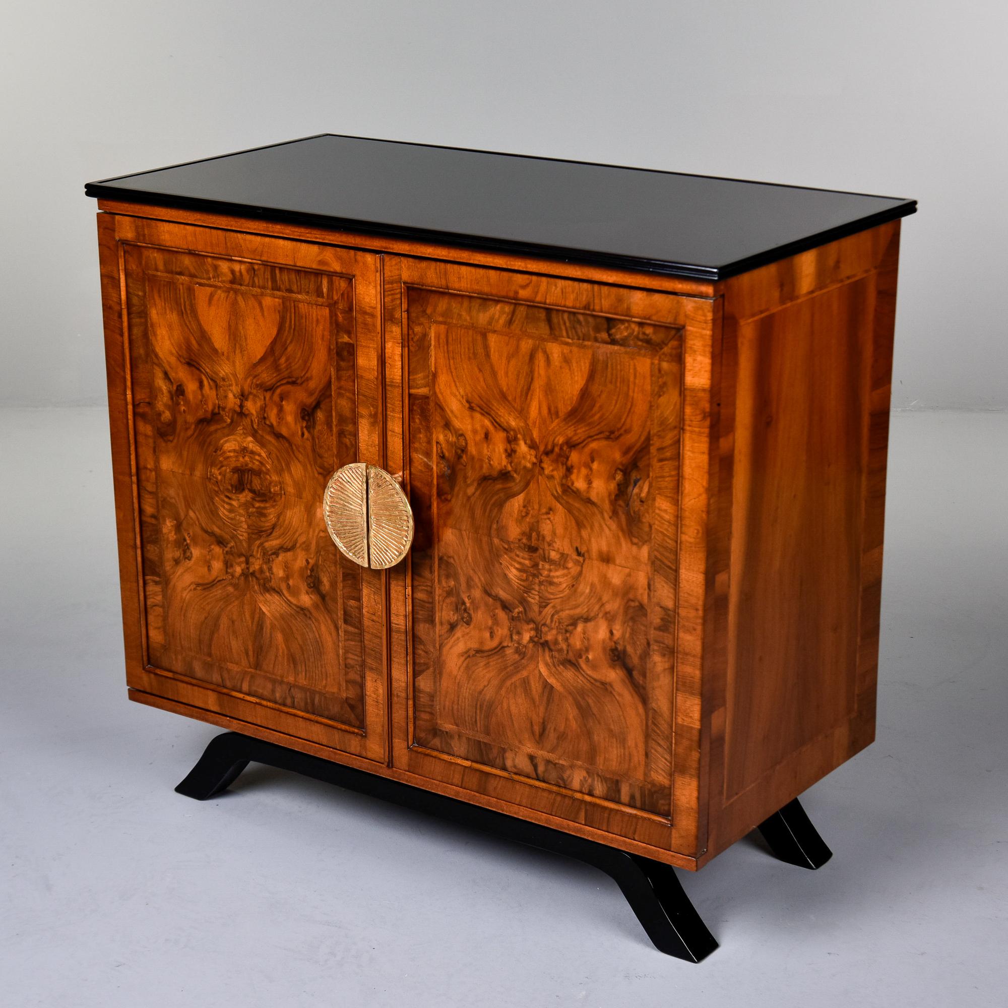 20th Century Burl Elm Two Door Cabinet with Black Glass Top and Brass Handles For Sale