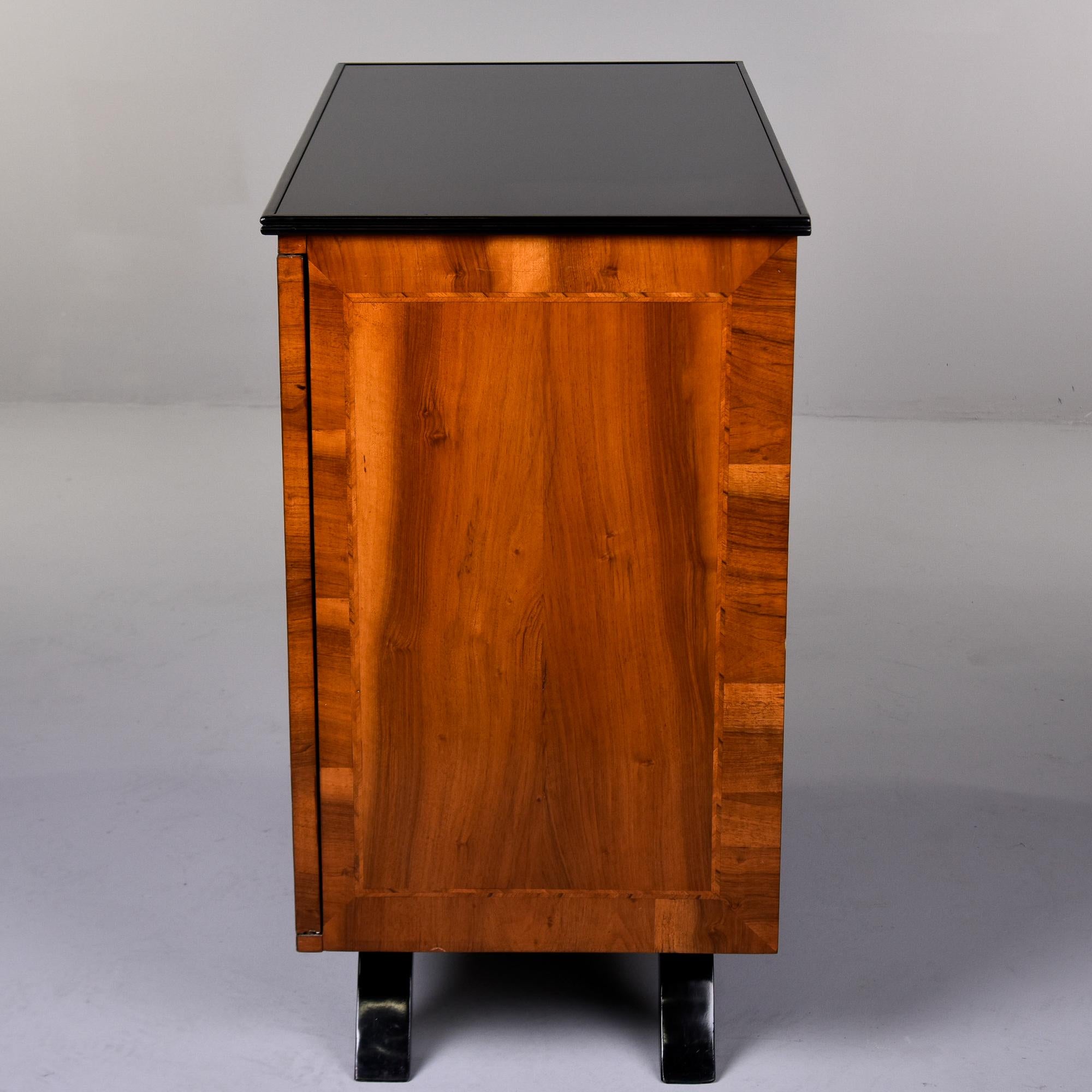 Burl Elm Two Door Cabinet with Black Glass Top and Brass Handles For Sale 2