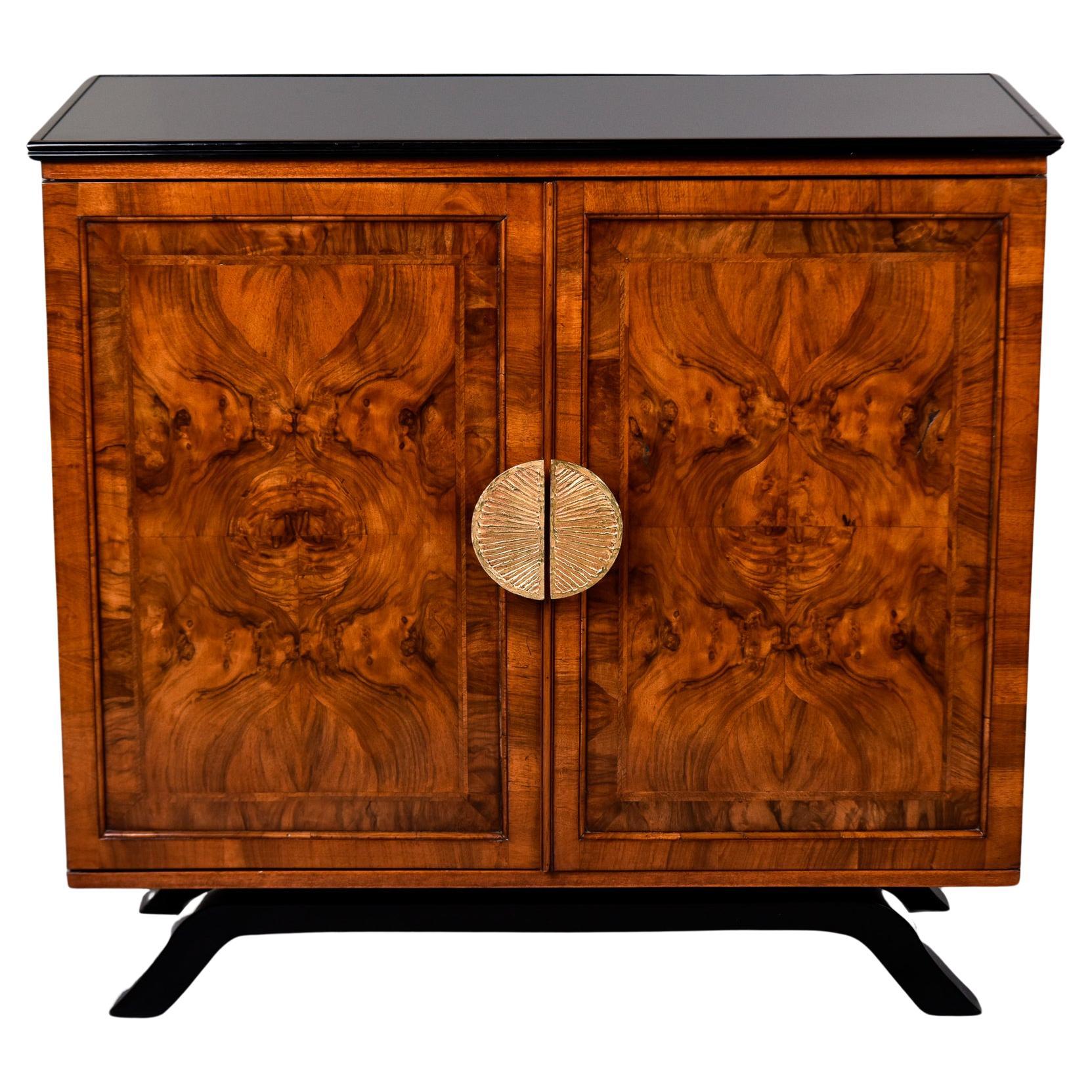 Burl Elm Two Door Cabinet with Black Glass Top and Brass Handles For Sale