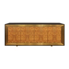 Burl Faced Four-Door Credenza with Stepped Brass Framed Front