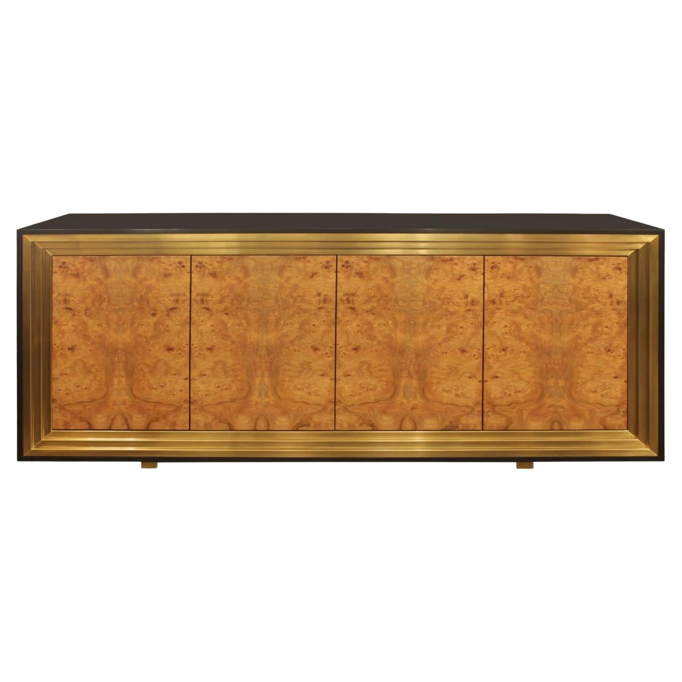 Burl Faced Four-Door Credenza with Stepped Brass Framed Front