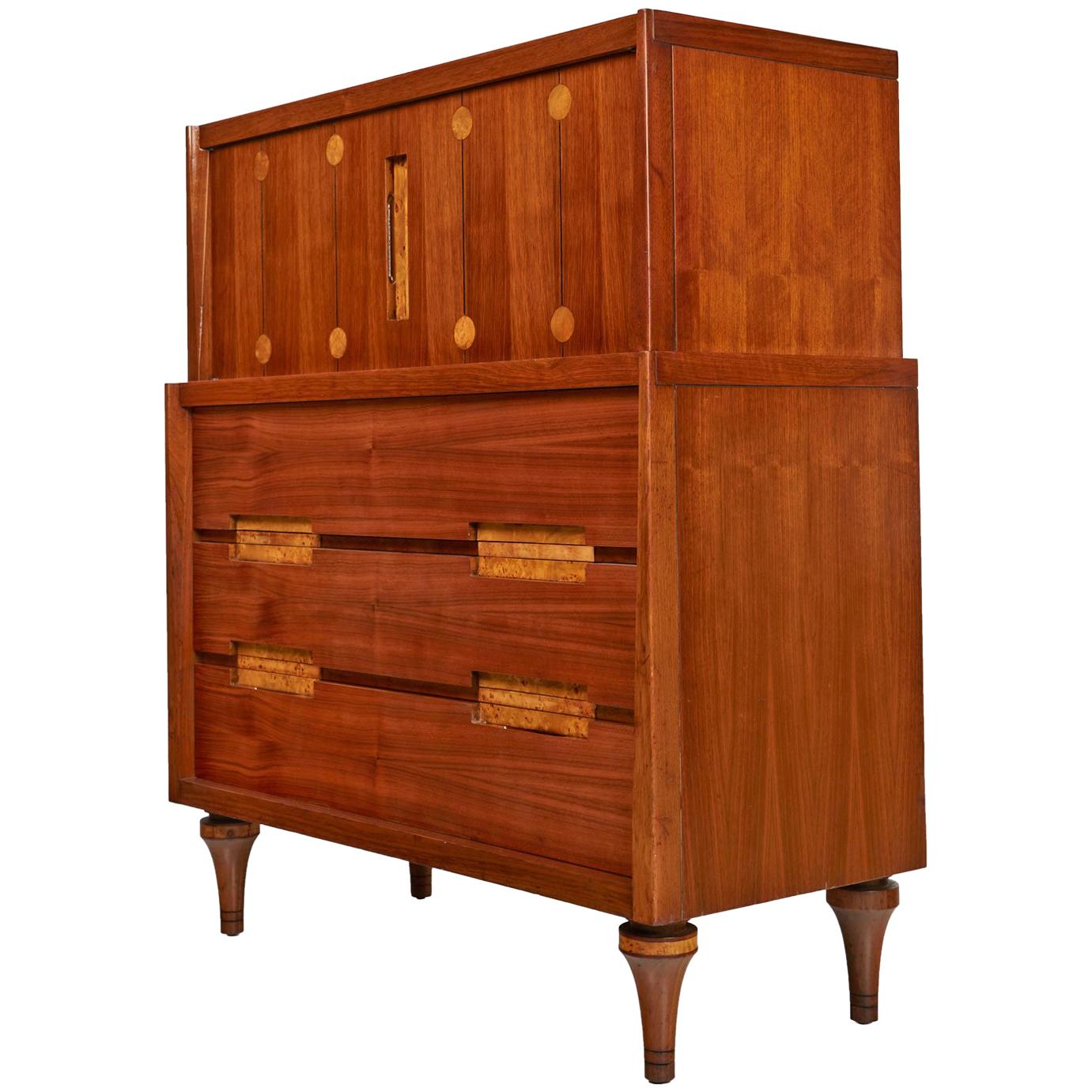 Burl Inlay Walnut Highboy Dresser by Daniel Jones Inc. of New York