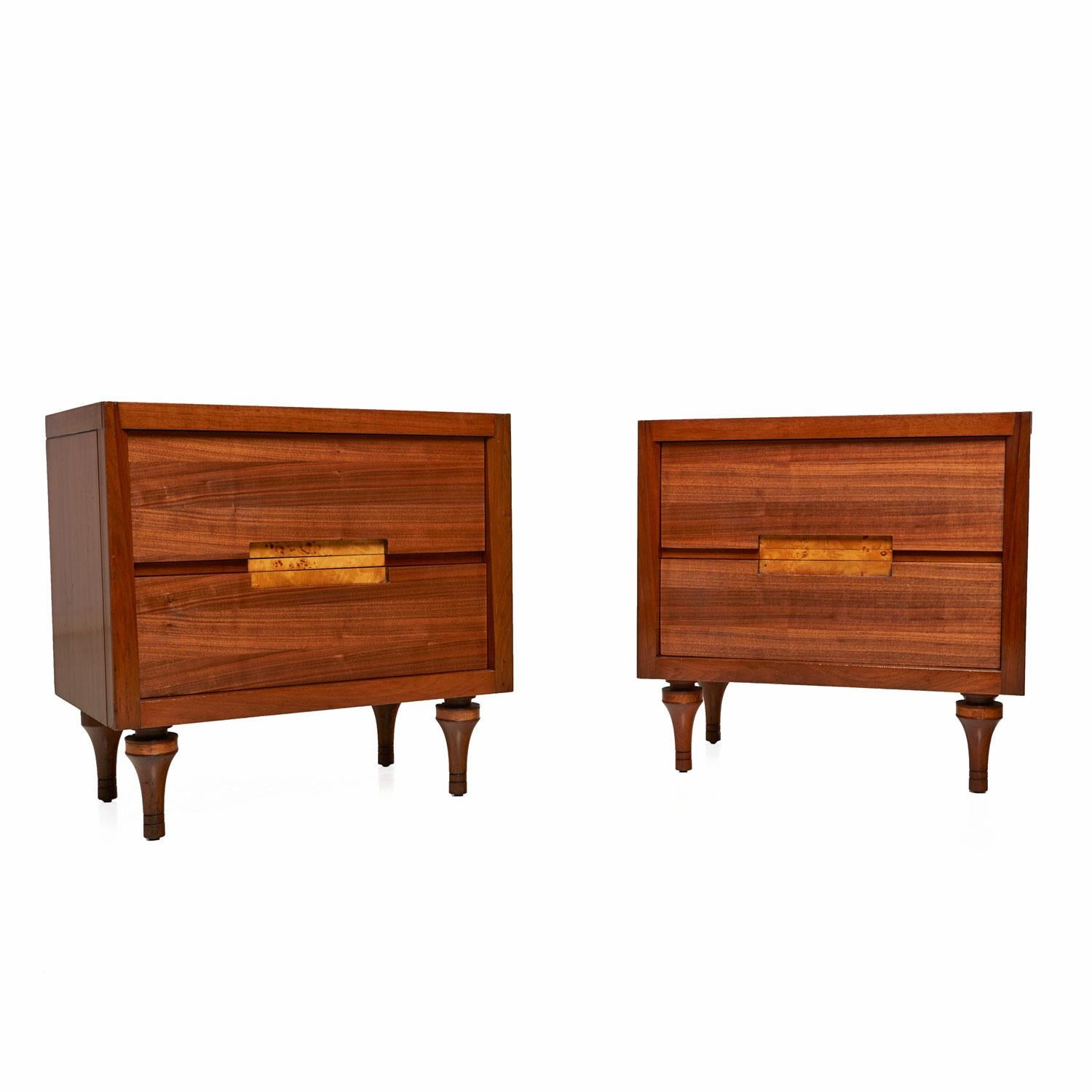 These exquisite nightstand end tables are as beautiful and rare as they are bizarre. Made in the 1960s by Daniel Jones Inc. of New York. We've never seen a line with such exceptional detail and eclectic design elements. Made from a mix of solid