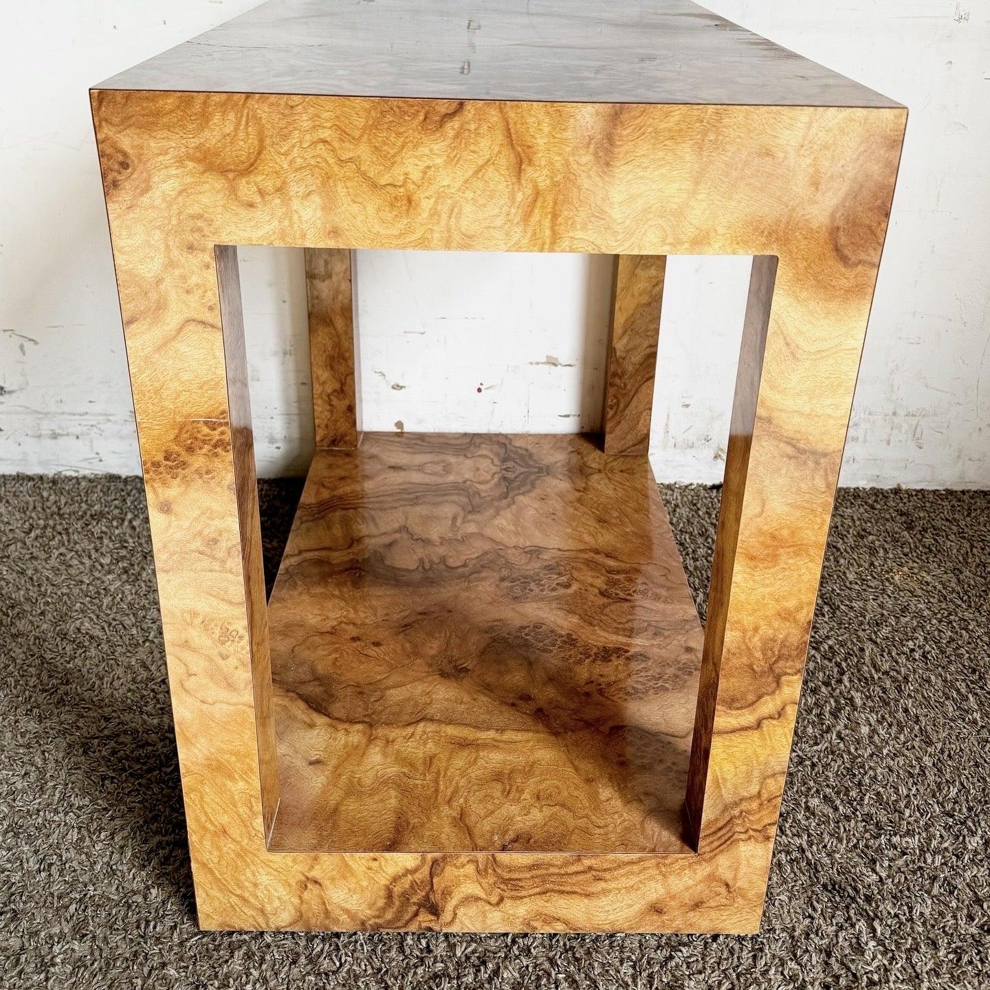 Discover the Burl Laminate Cubic Side Table, featuring a sleek design and rich finish, perfect for adding a modern touch to any room.
 
 Minor wear on the edge as shown in the photos.
 
 We sell items as acquired, without restoring or repairing.