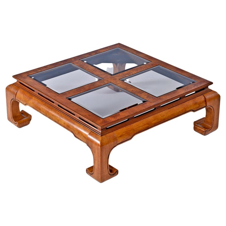 Burl Mahogany Chinoiserie Asian Inspired Coffee Table Recessed Glass