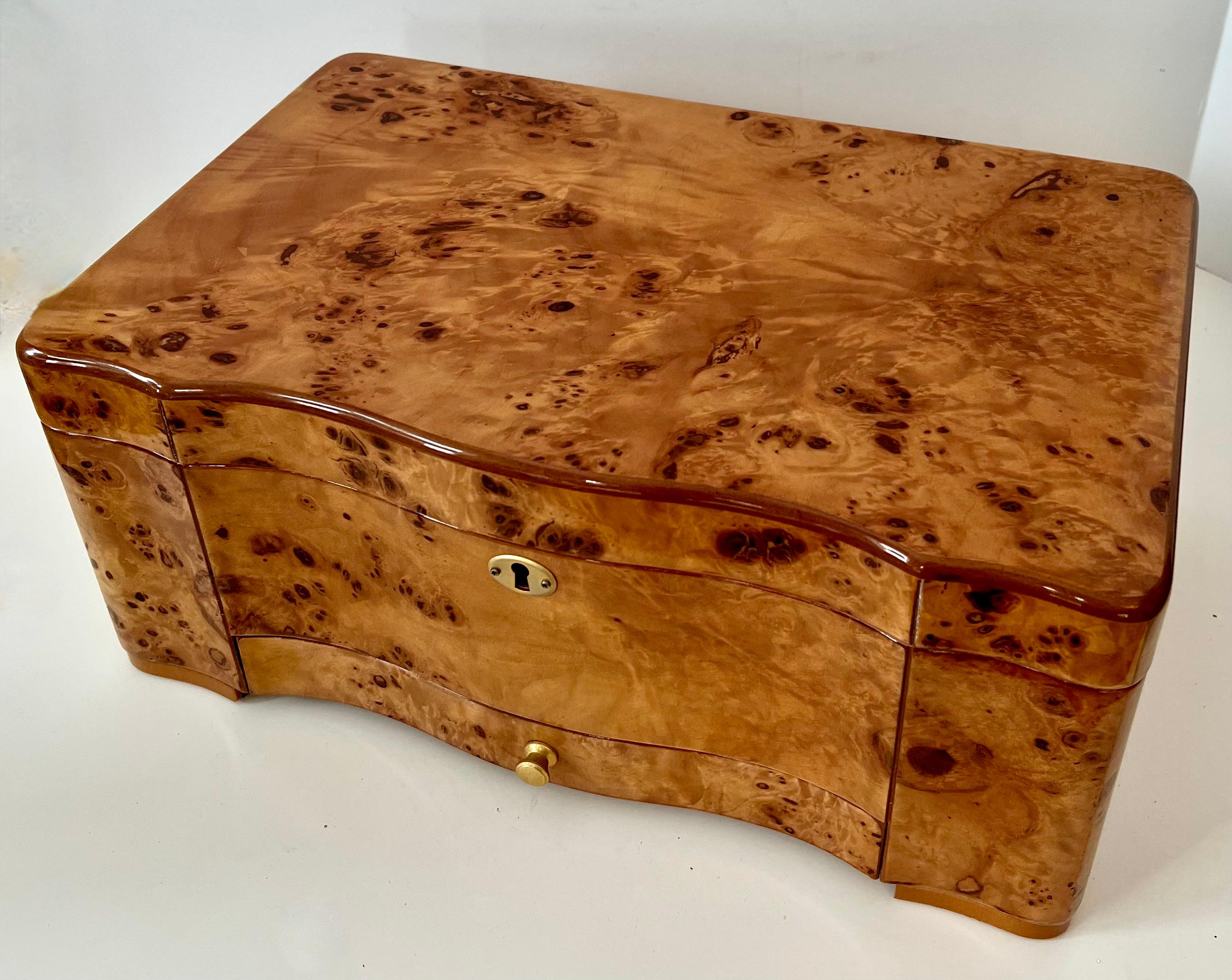 Modern Burl Maple Italian Humidor with Drawer and Interior Divider For Sale