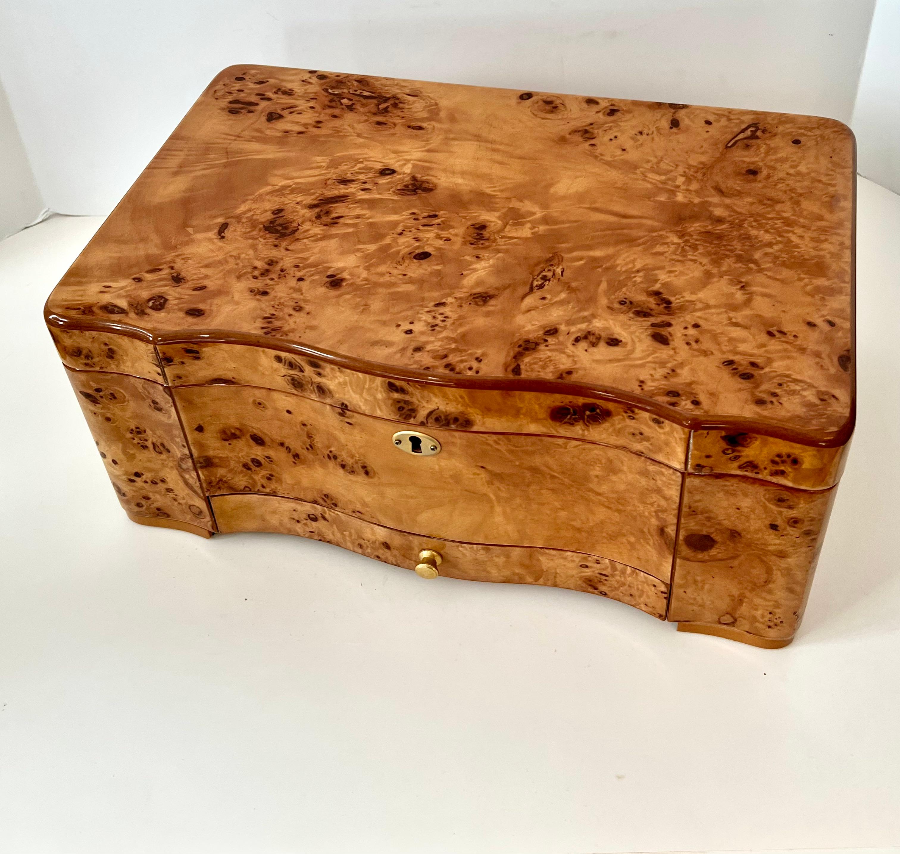Hand-Crafted Burl Maple Italian Humidor with Drawer and Interior Divider For Sale