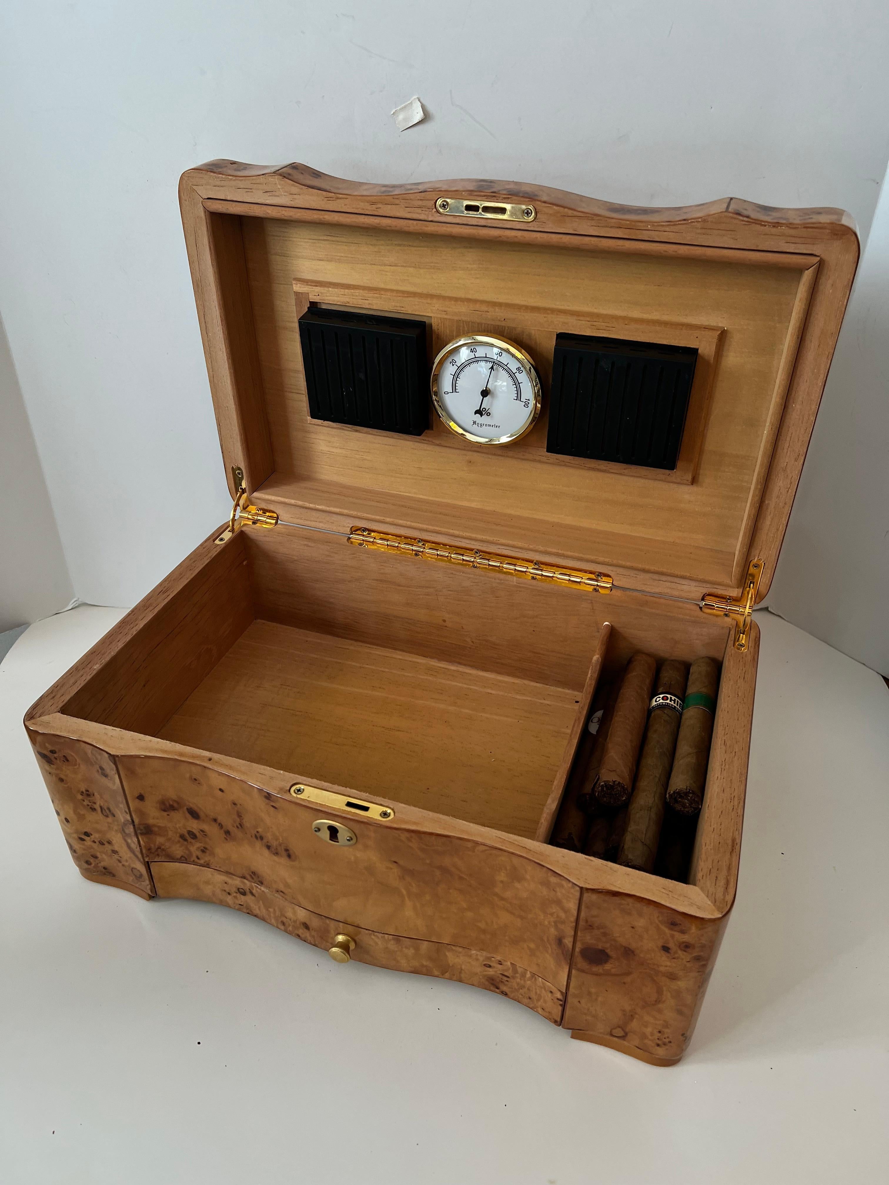 Burl Maple Italian Humidor with Drawer and Interior Divider In Good Condition For Sale In Los Angeles, CA