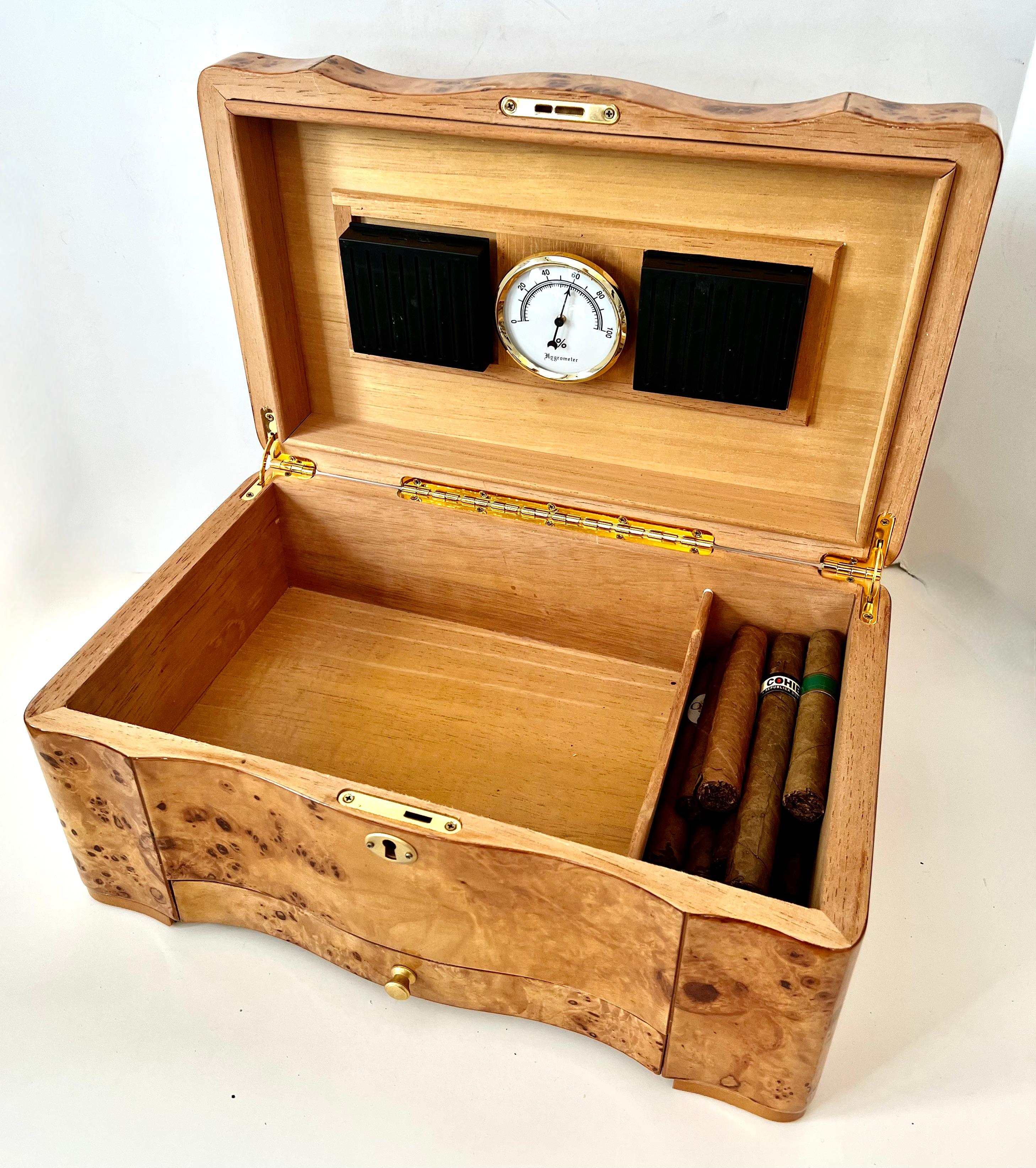 Wood Burl Maple Italian Humidor with Drawer and Interior Divider For Sale