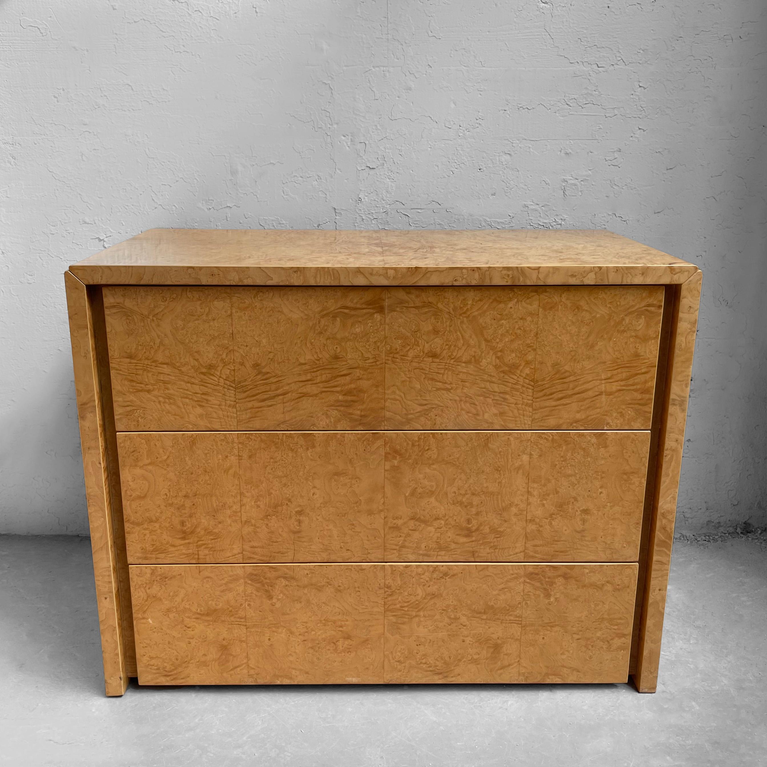 Streamlined, 3 drawer, burl olive wood dresser designed by Spanish architect and industrial designer Paul Mayen for Habitat. The drawers measure 9 inches height.

Mayen's furniture and lighting are in the MOMA permanent design collection and he