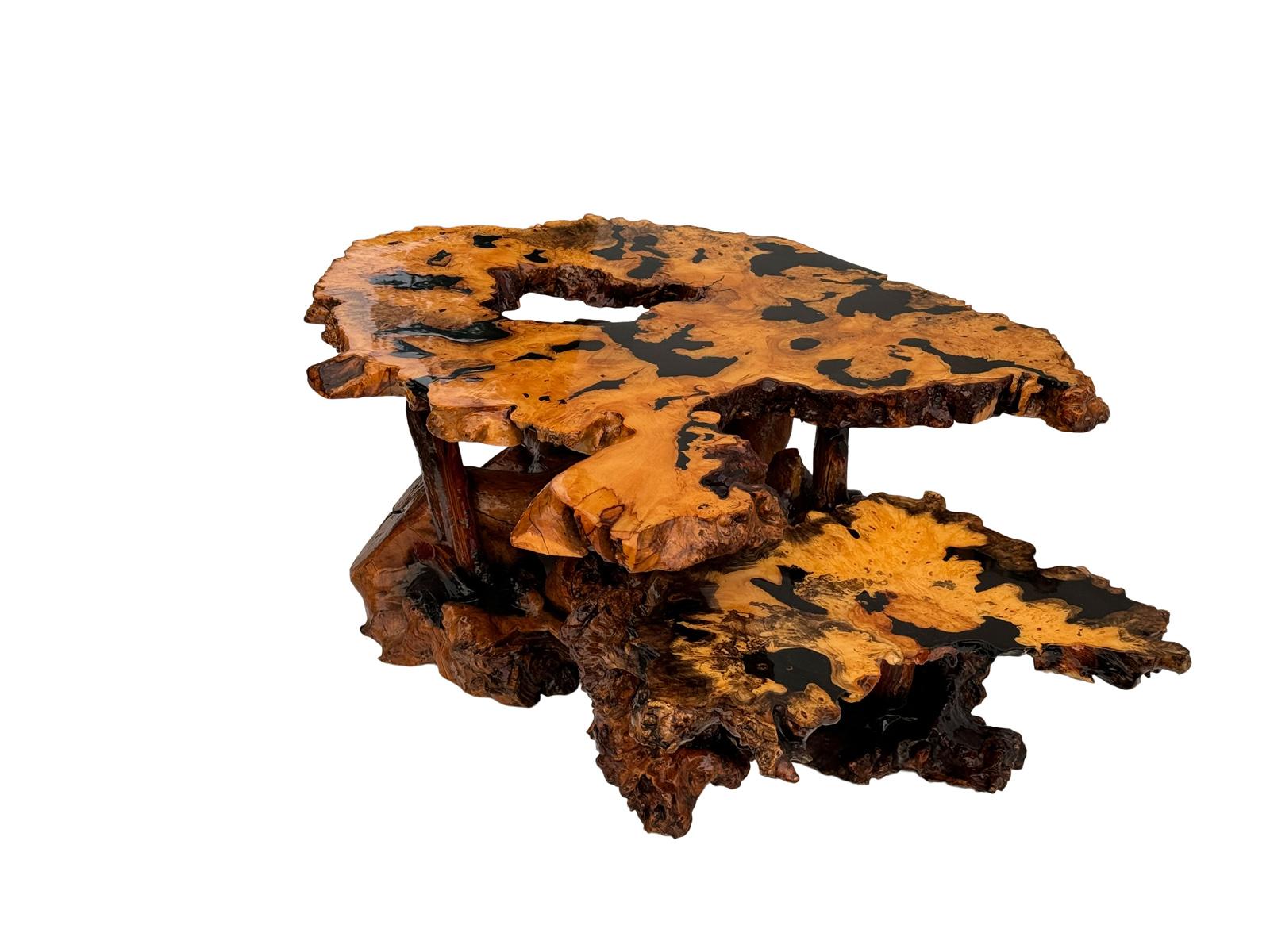 Table basse moderne mi-siècle en broussin laqué à deux niveaux Bon état - En vente à Bensalem, PA
