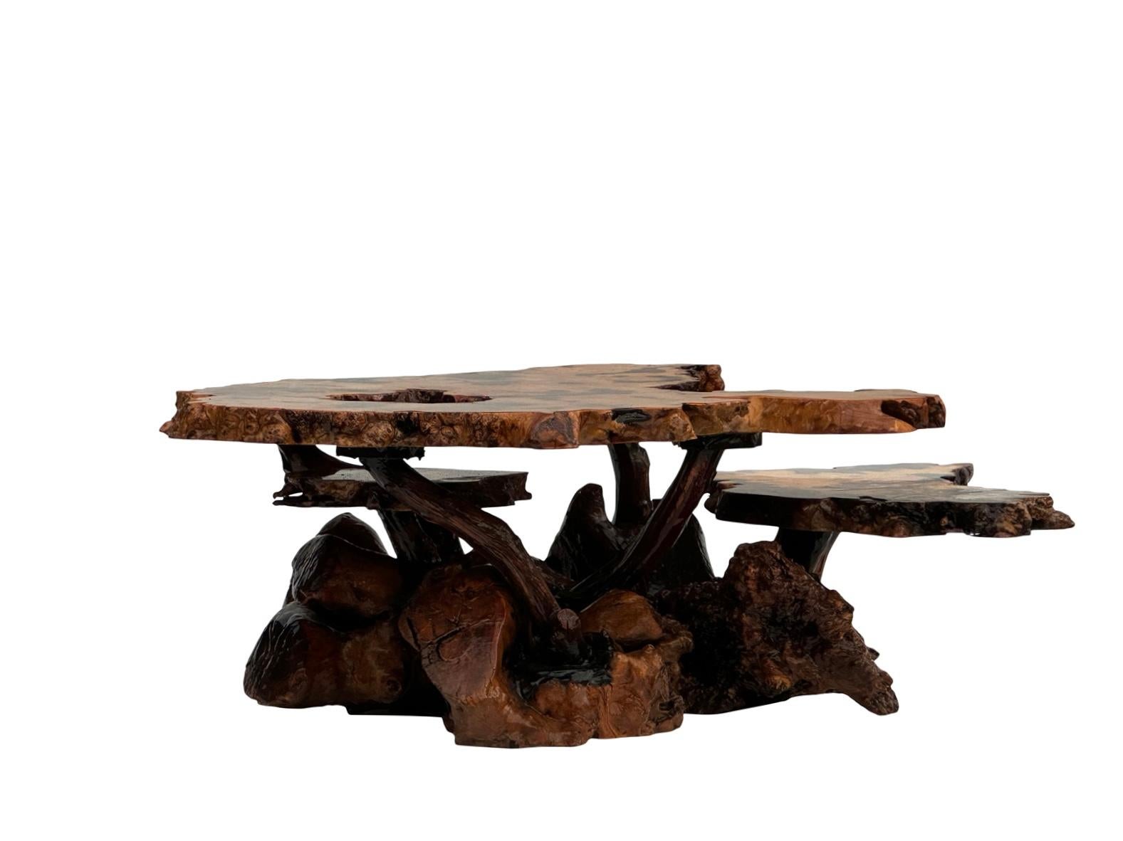 Broussin Table basse moderne mi-siècle en broussin laqué à deux niveaux en vente