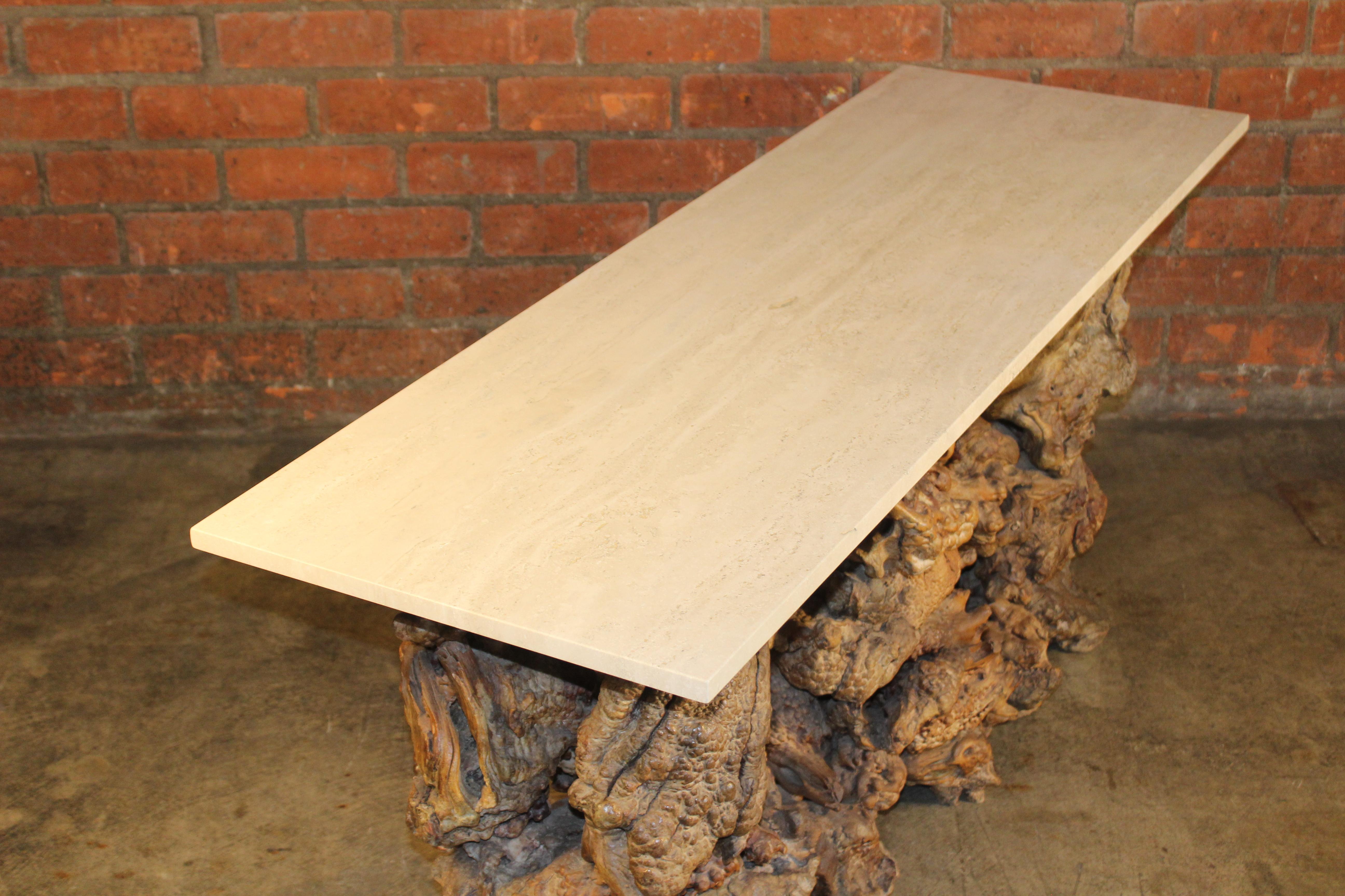 Burl Root Wood Console Table with Travertine Top, 1970s 4