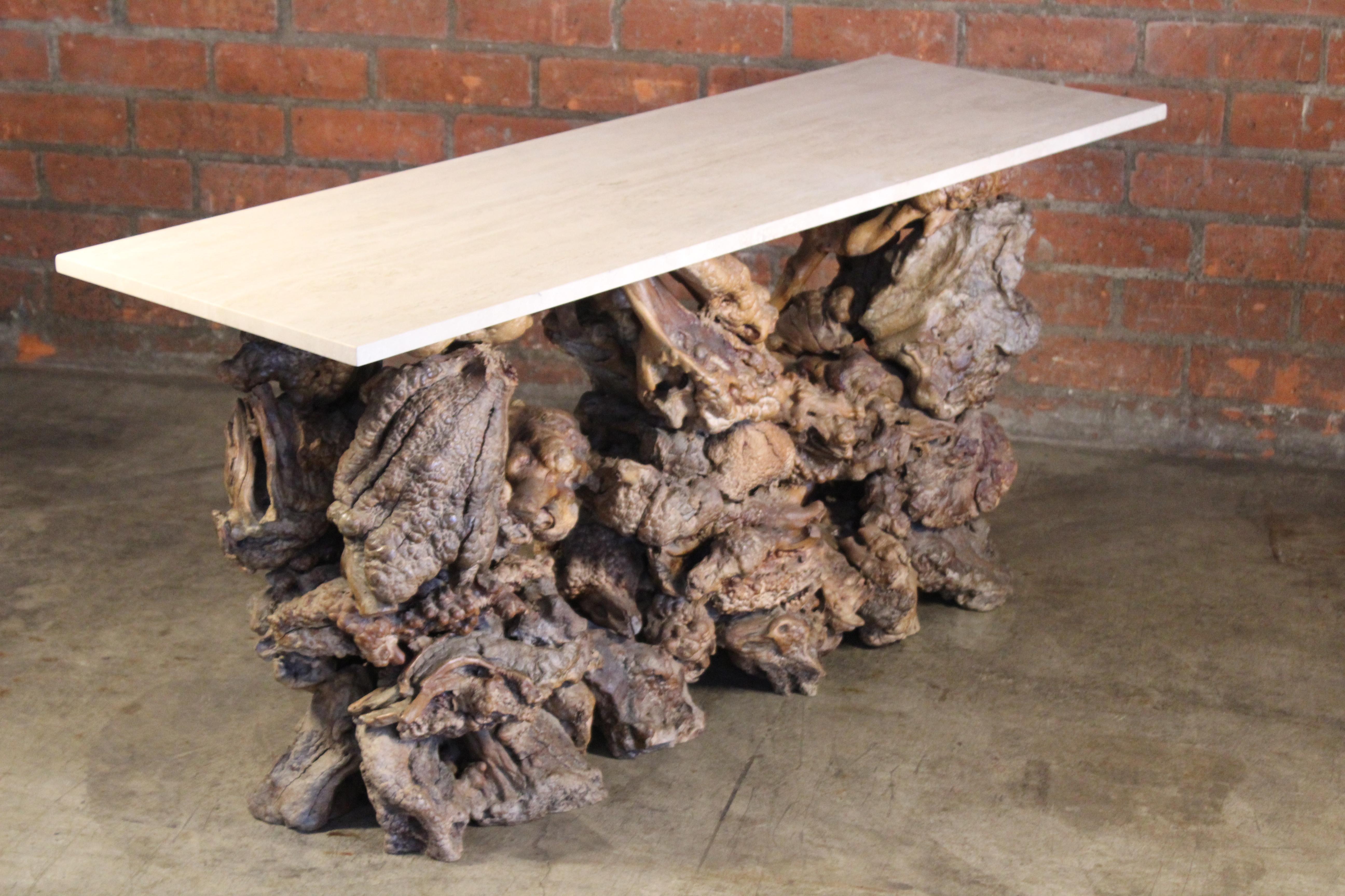 Burl Root Wood Console Table with Travertine Top, 1970s 5
