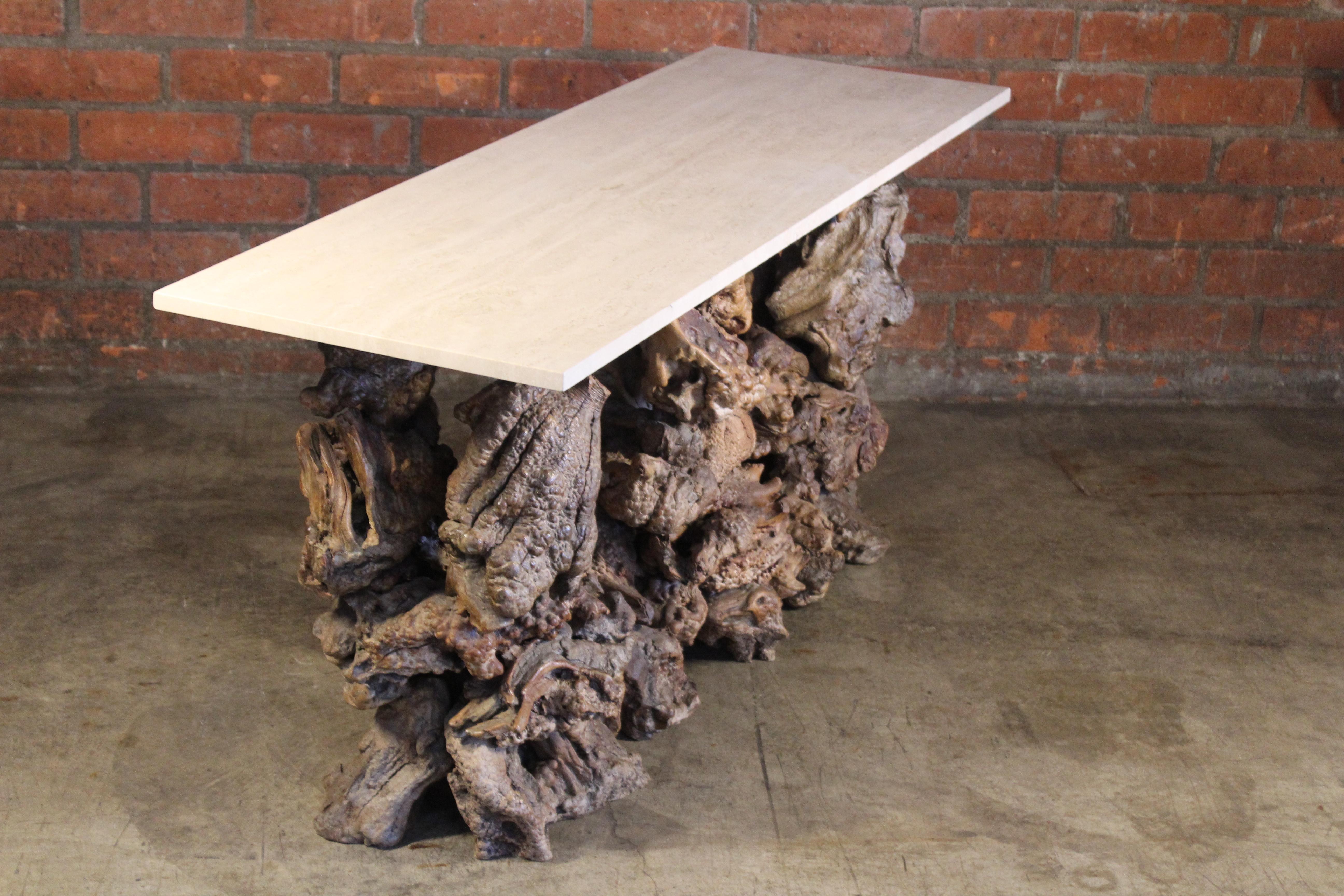 Burl Root Wood Console Table with Travertine Top, 1970s 6