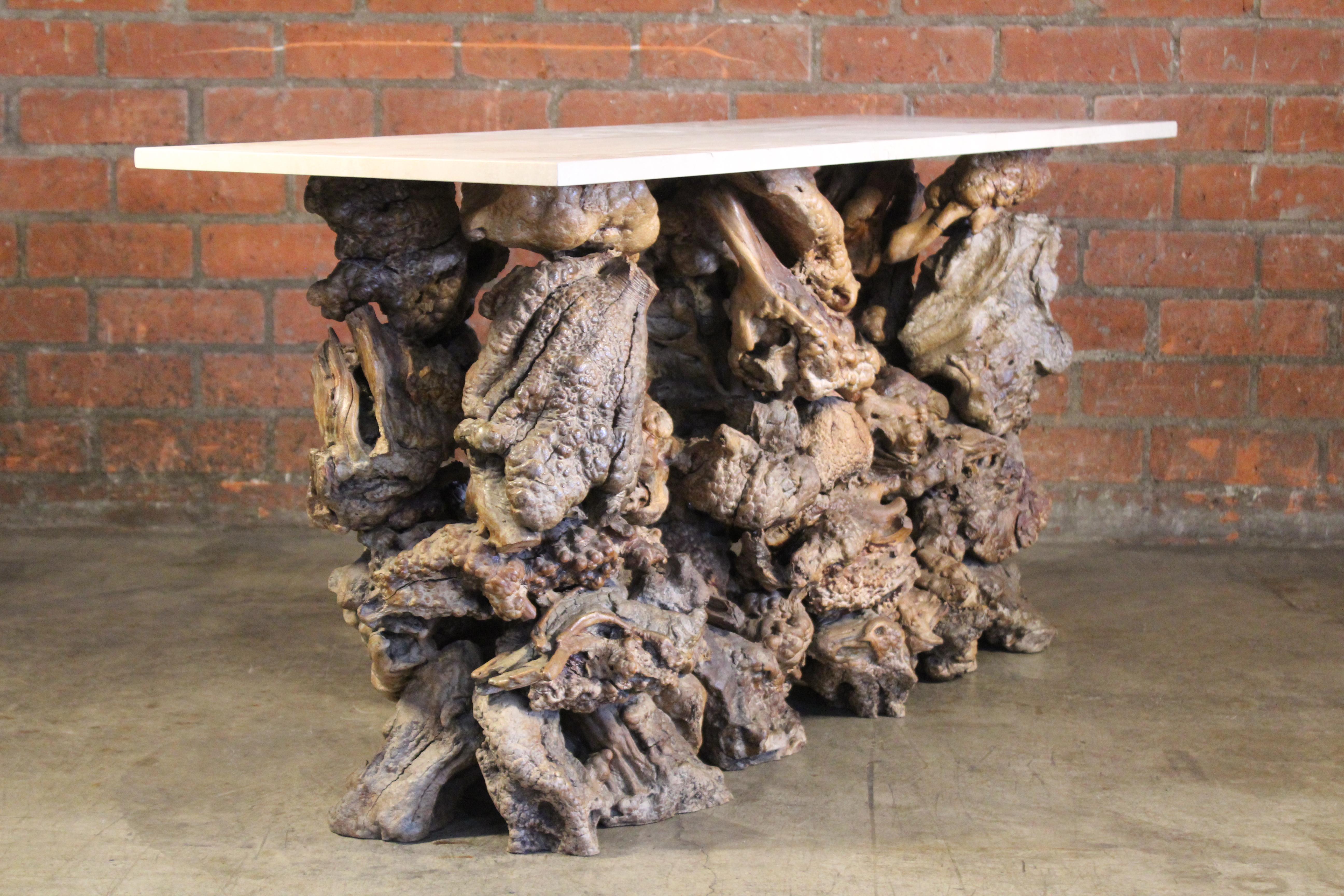 Burl Root Wood Console Table with Travertine Top, 1970s 7