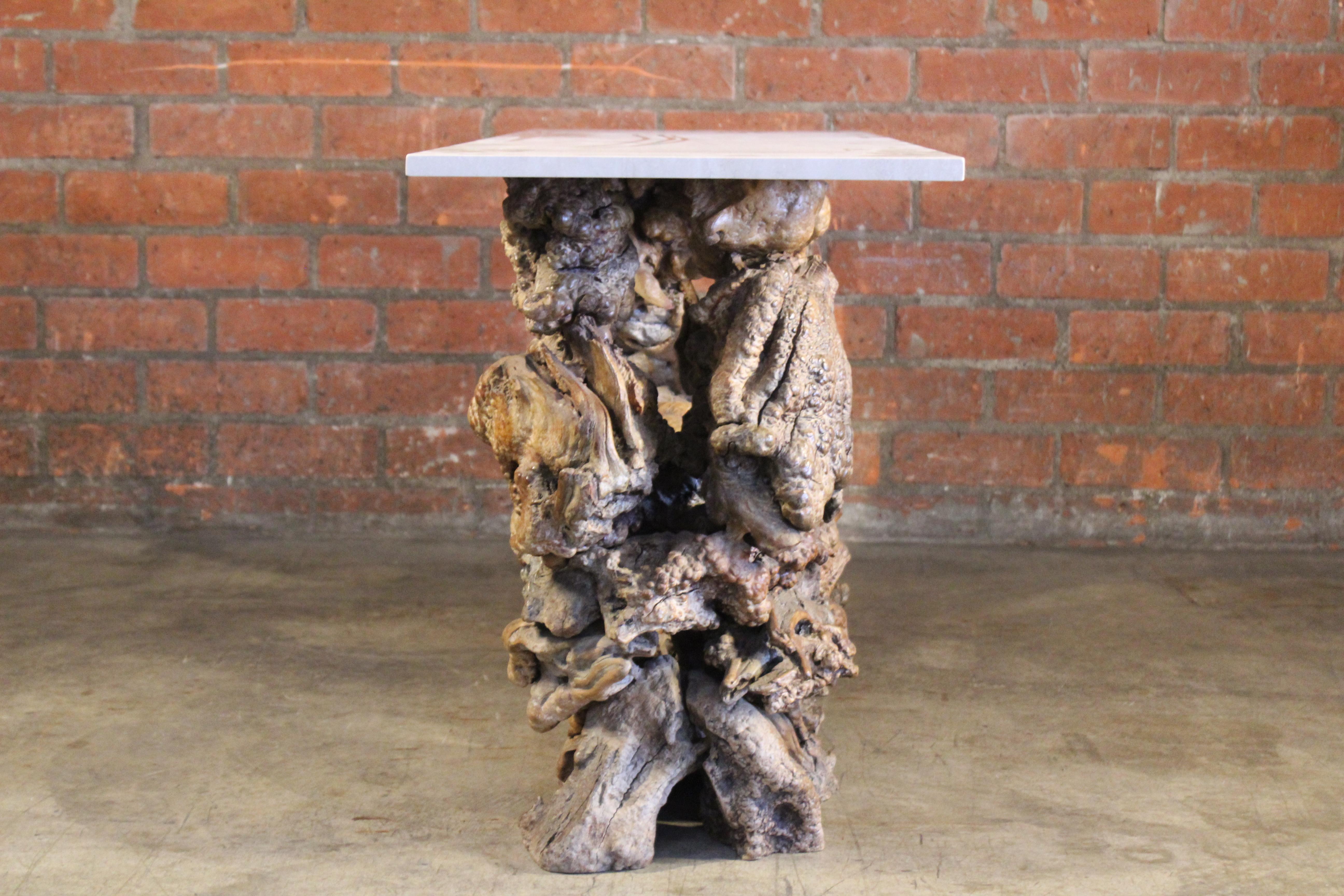 Burl Root Wood Console Table with Travertine Top, 1970s 10