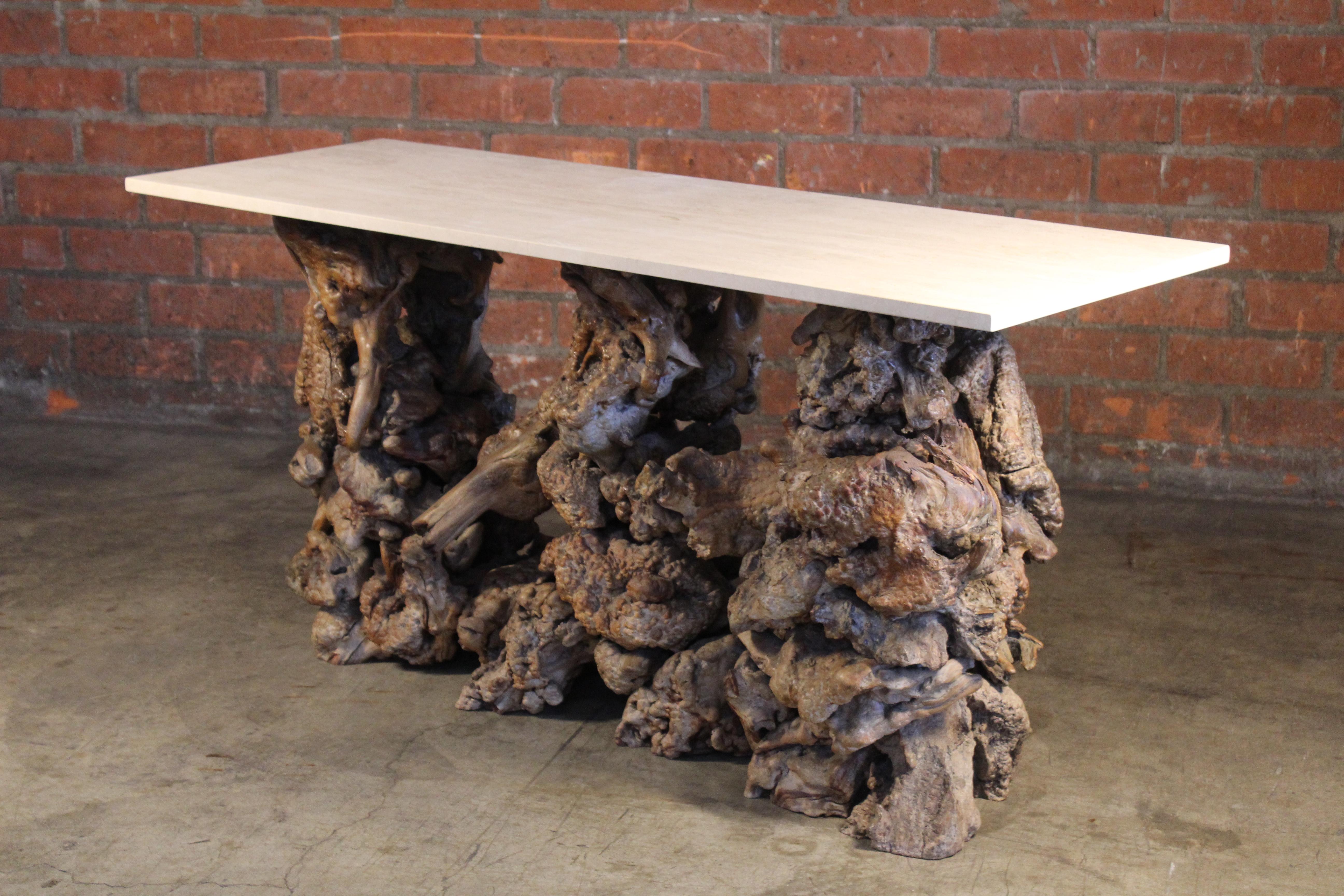Burl Root Wood Console Table with Travertine Top, 1970s 12