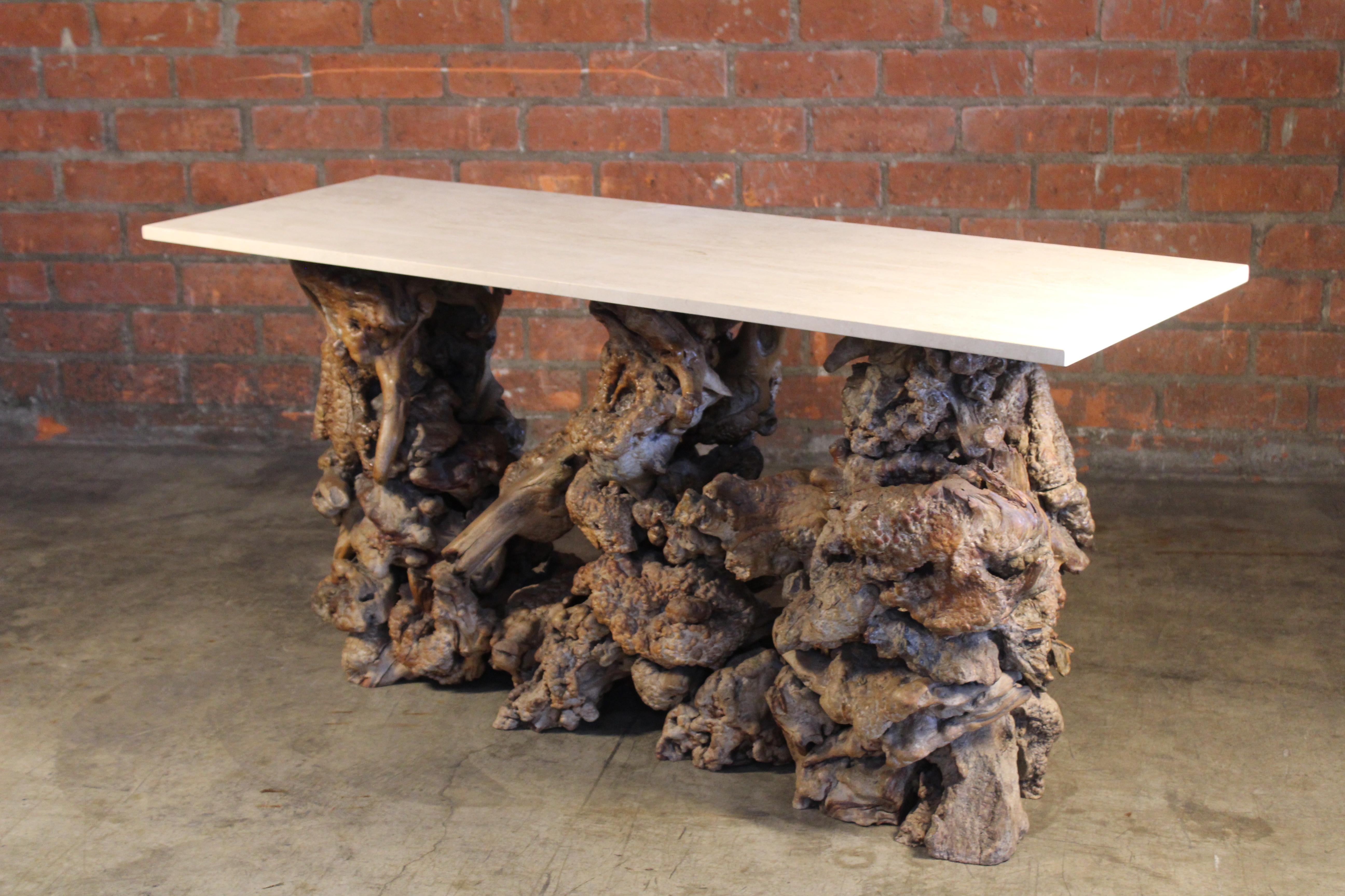 Burl Root Wood Console Table with Travertine Top, 1970s 13