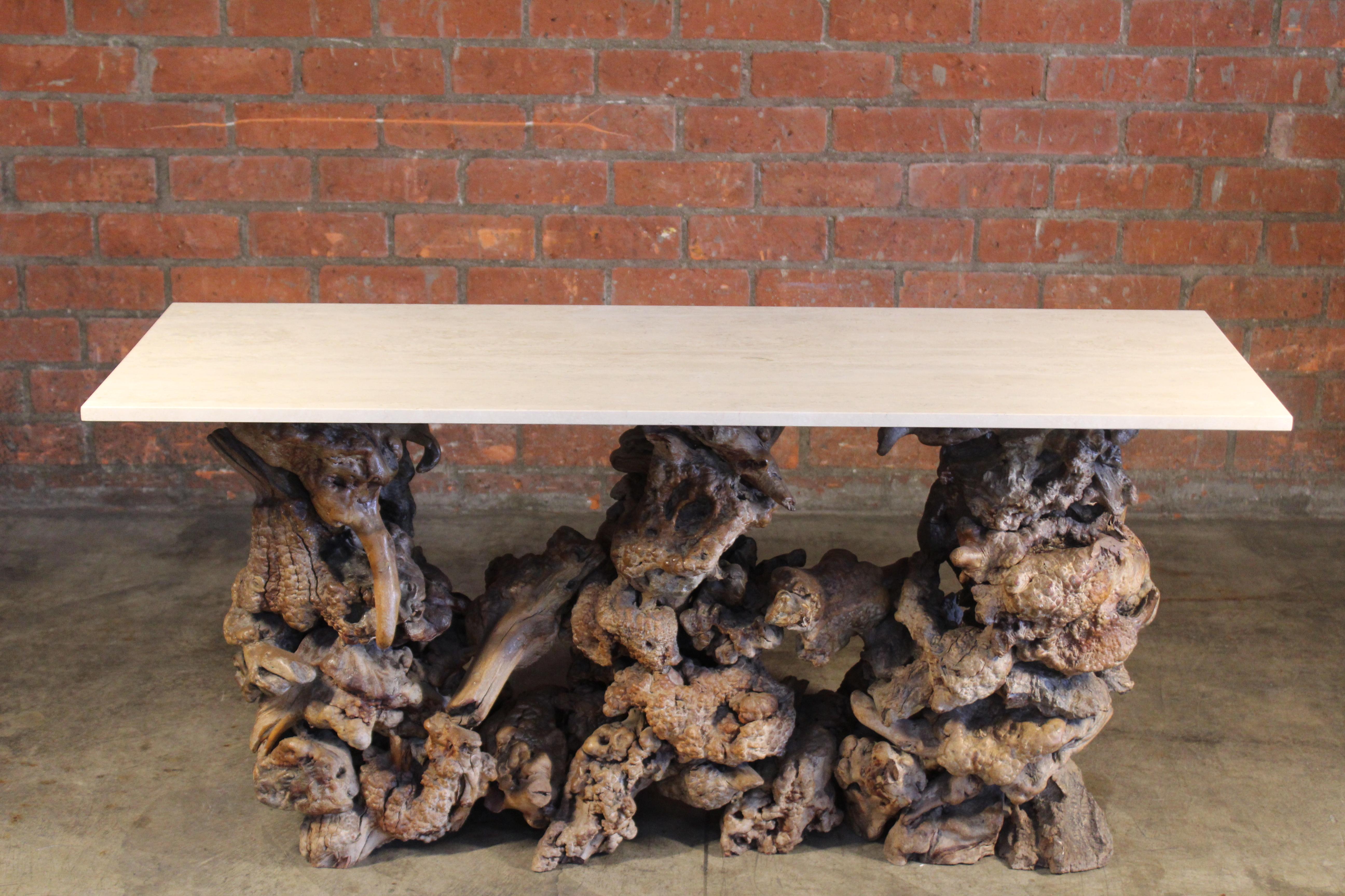 Burl Root Wood Console Table with Travertine Top, 1970s 14