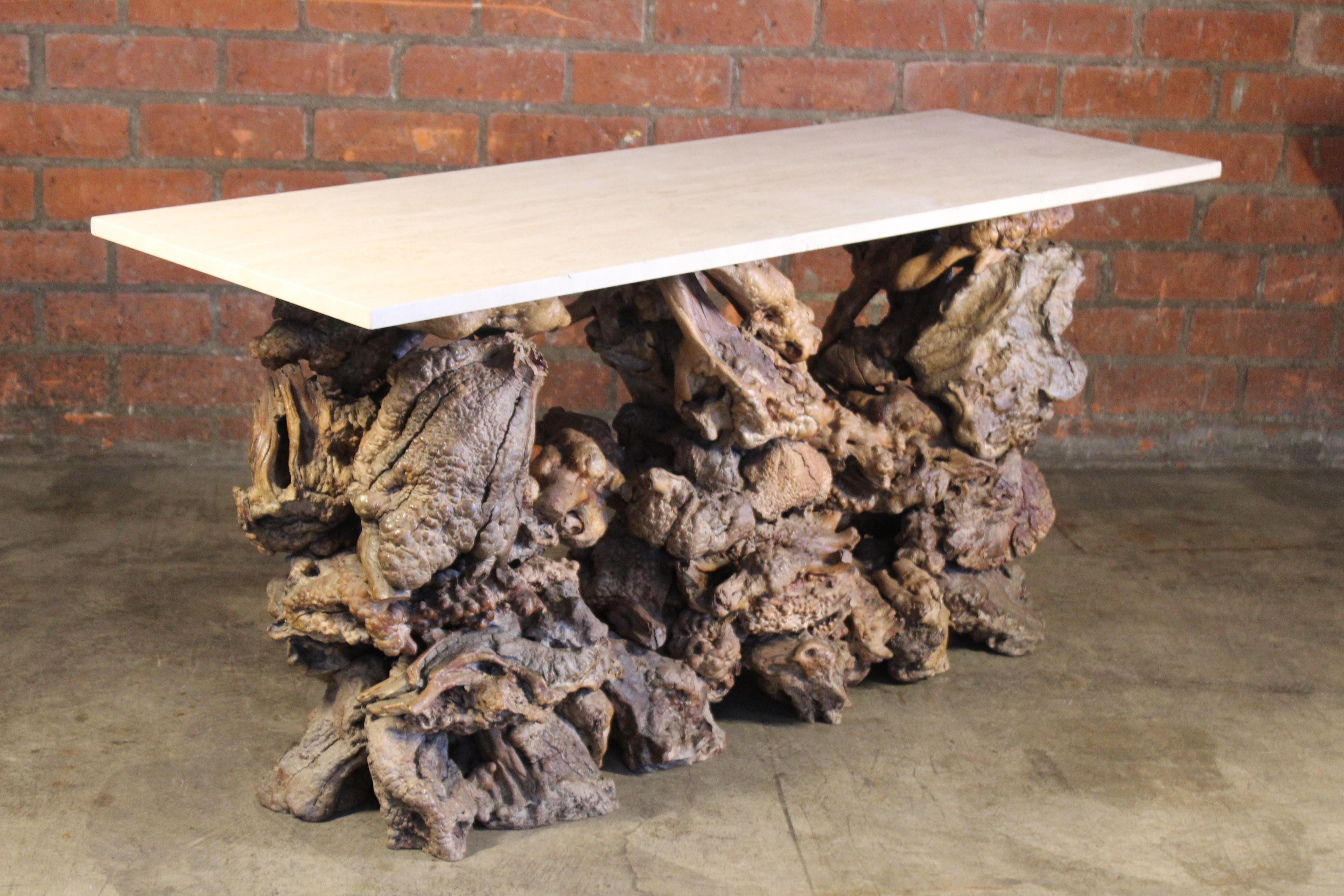 Organic Modern Burl Root Wood Console Table with Travertine Top, 1970s