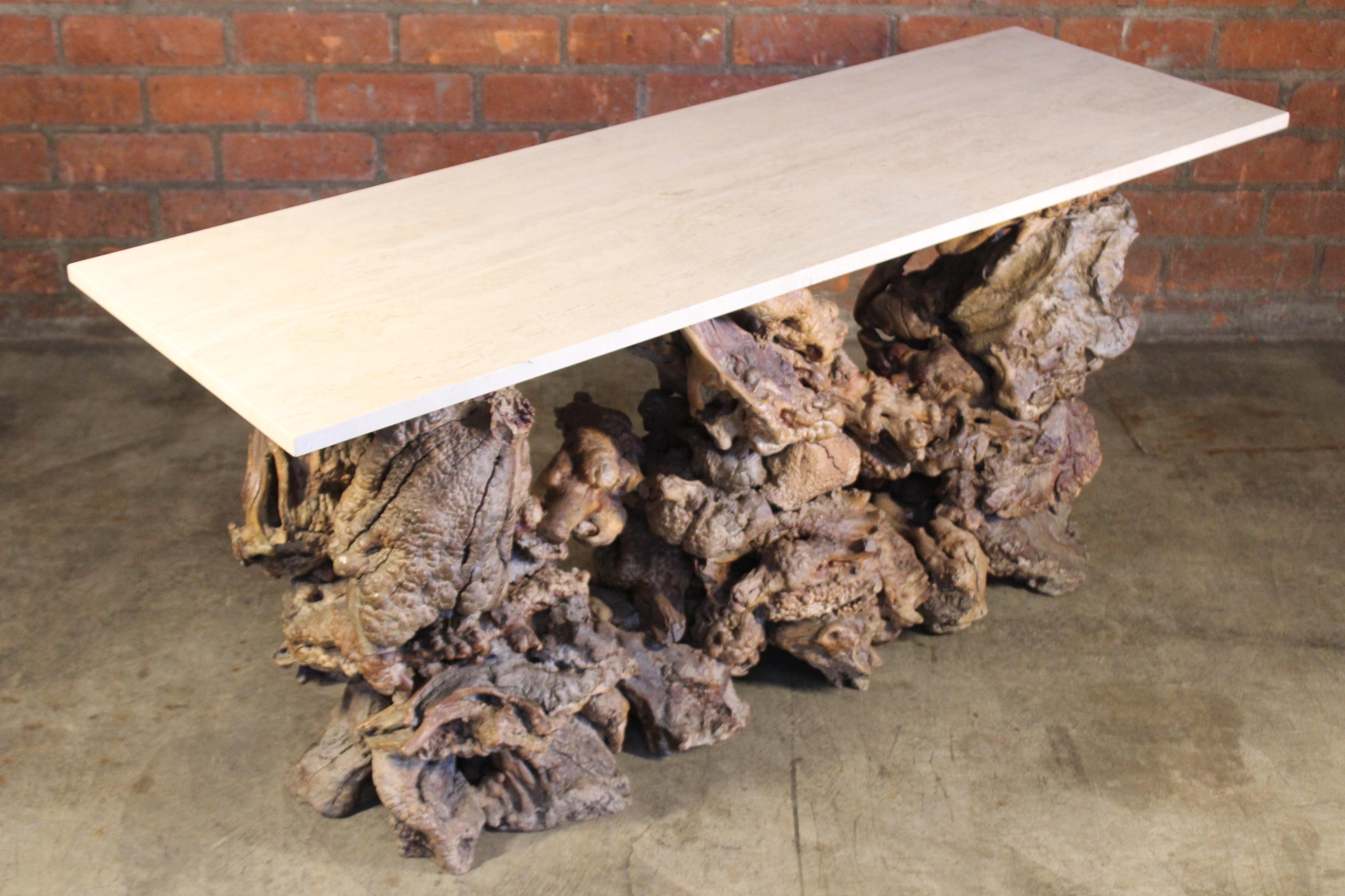 American Burl Root Wood Console Table with Travertine Top, 1970s