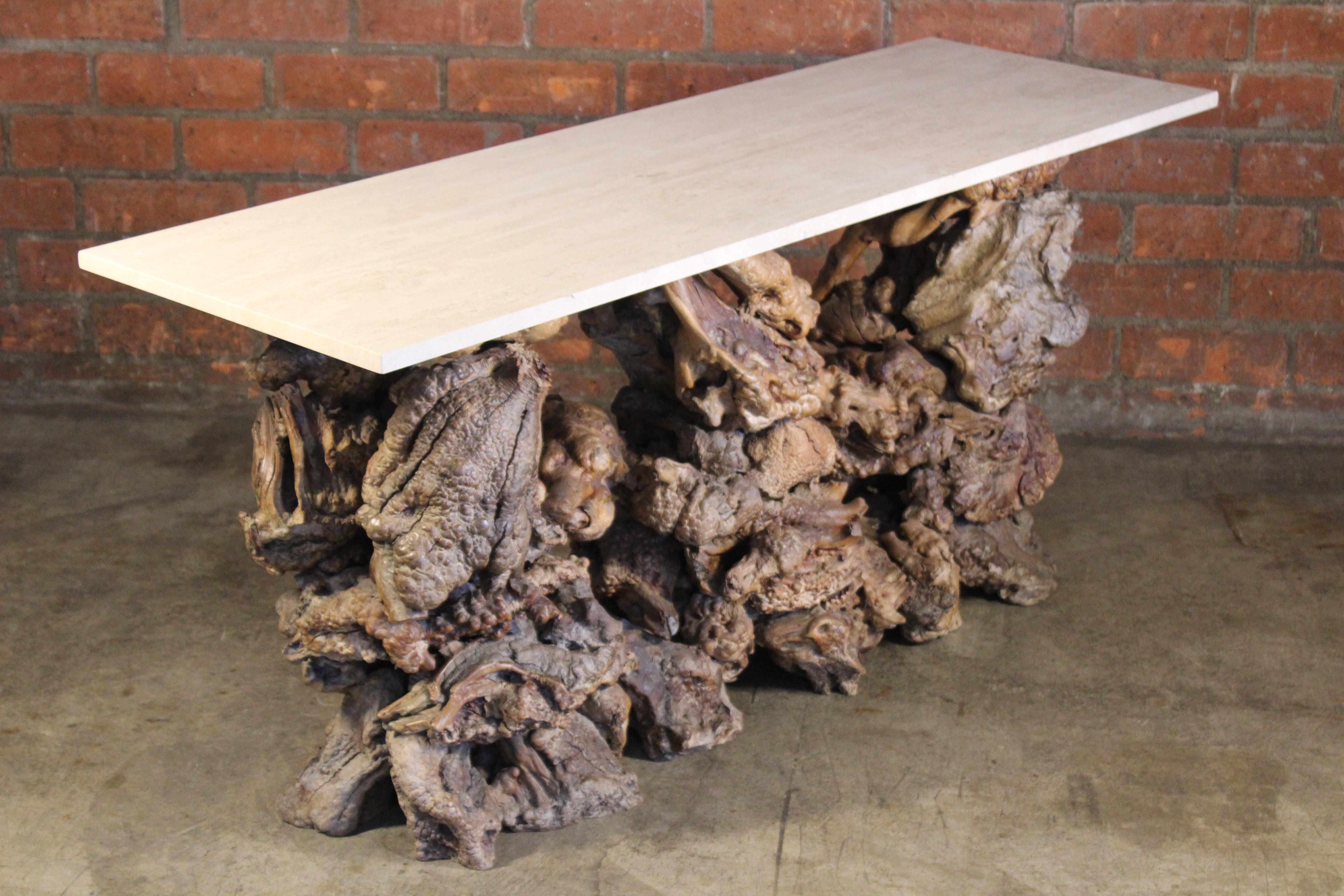 Burl Root Wood Console Table with Travertine Top, 1970s In Good Condition In Los Angeles, CA