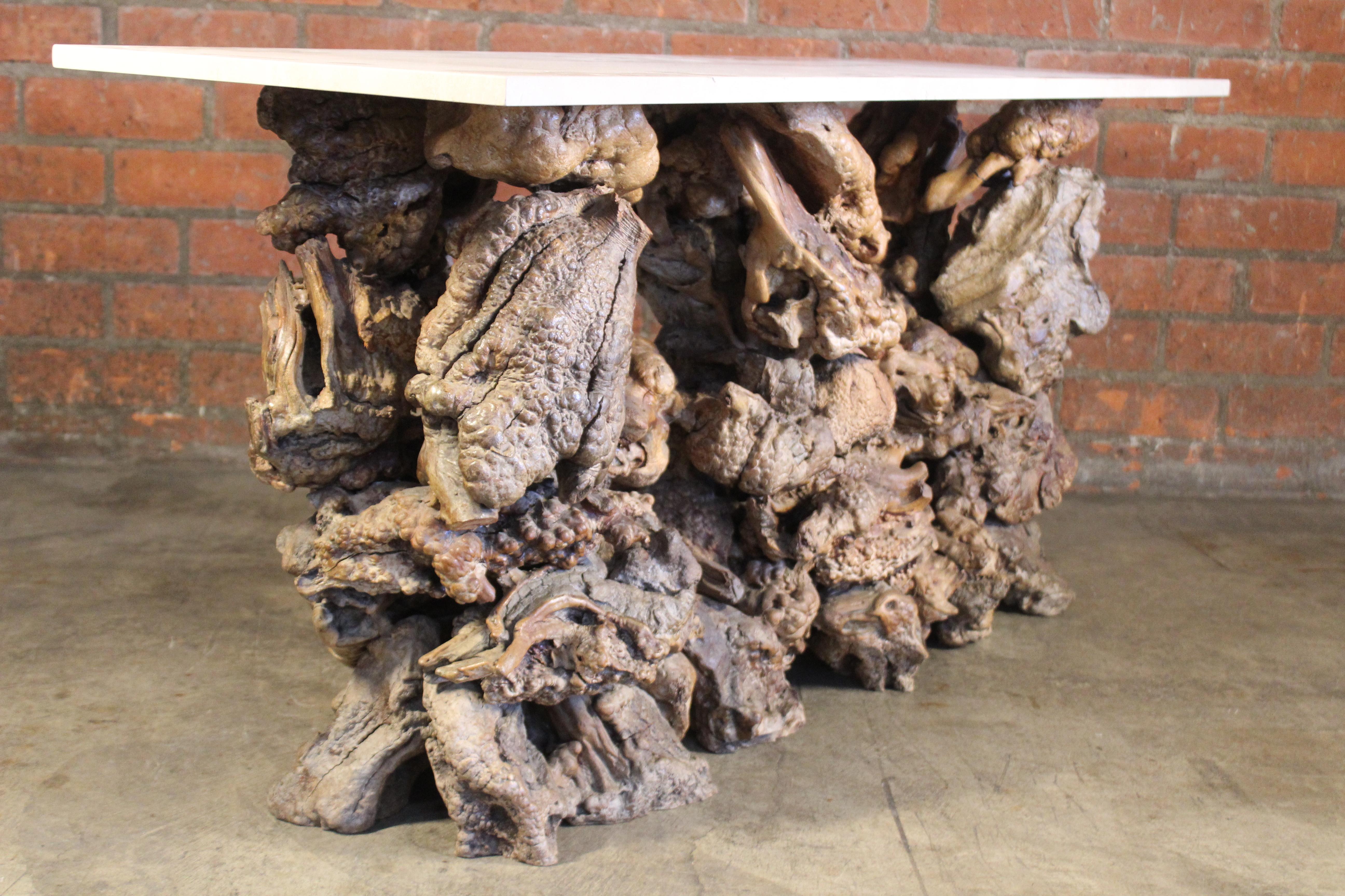Burl Root Wood Console Table with Travertine Top, 1970s 1