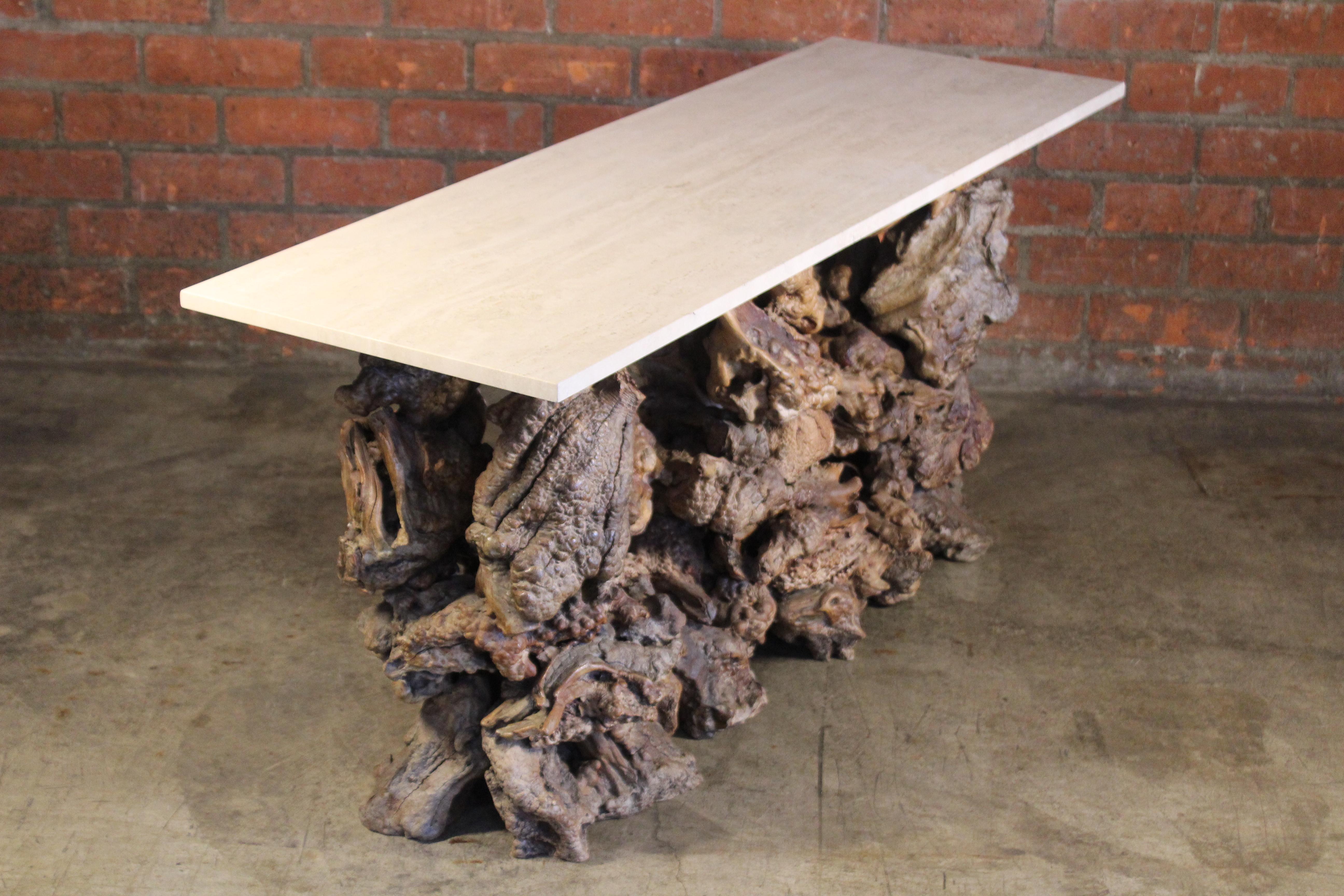 Burl Root Wood Console Table with Travertine Top, 1970s 3