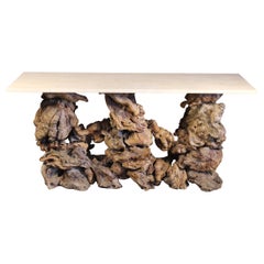 Burl Root Wood Console Table with Travertine Top, 1970s
