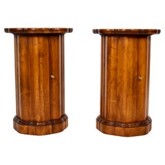 Vintage Burl Scalloped Pedestal Drum Table Cabinets, Pair