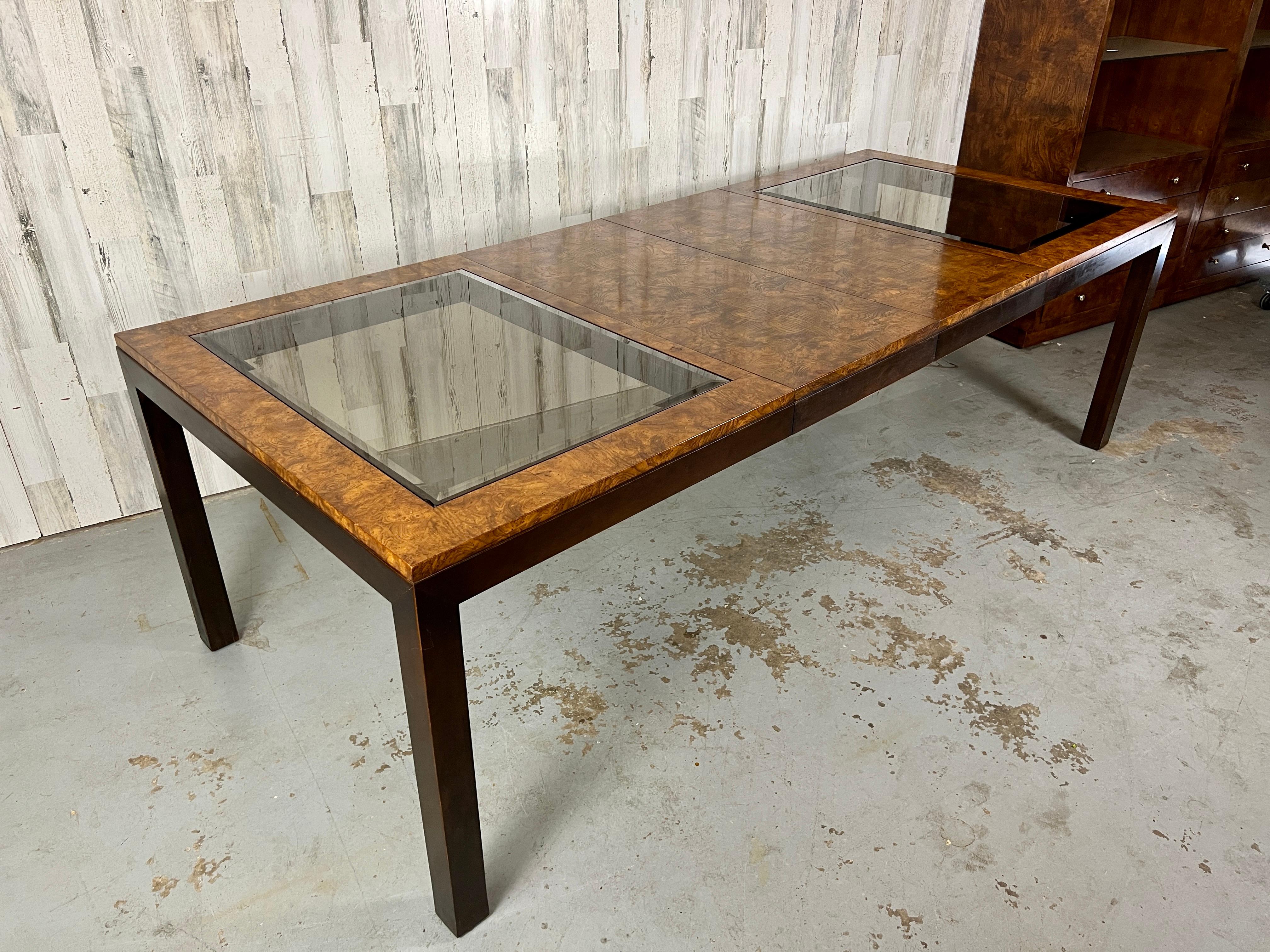 Burl & Smoked Glass Extendable Dining Table by Century For Sale 10