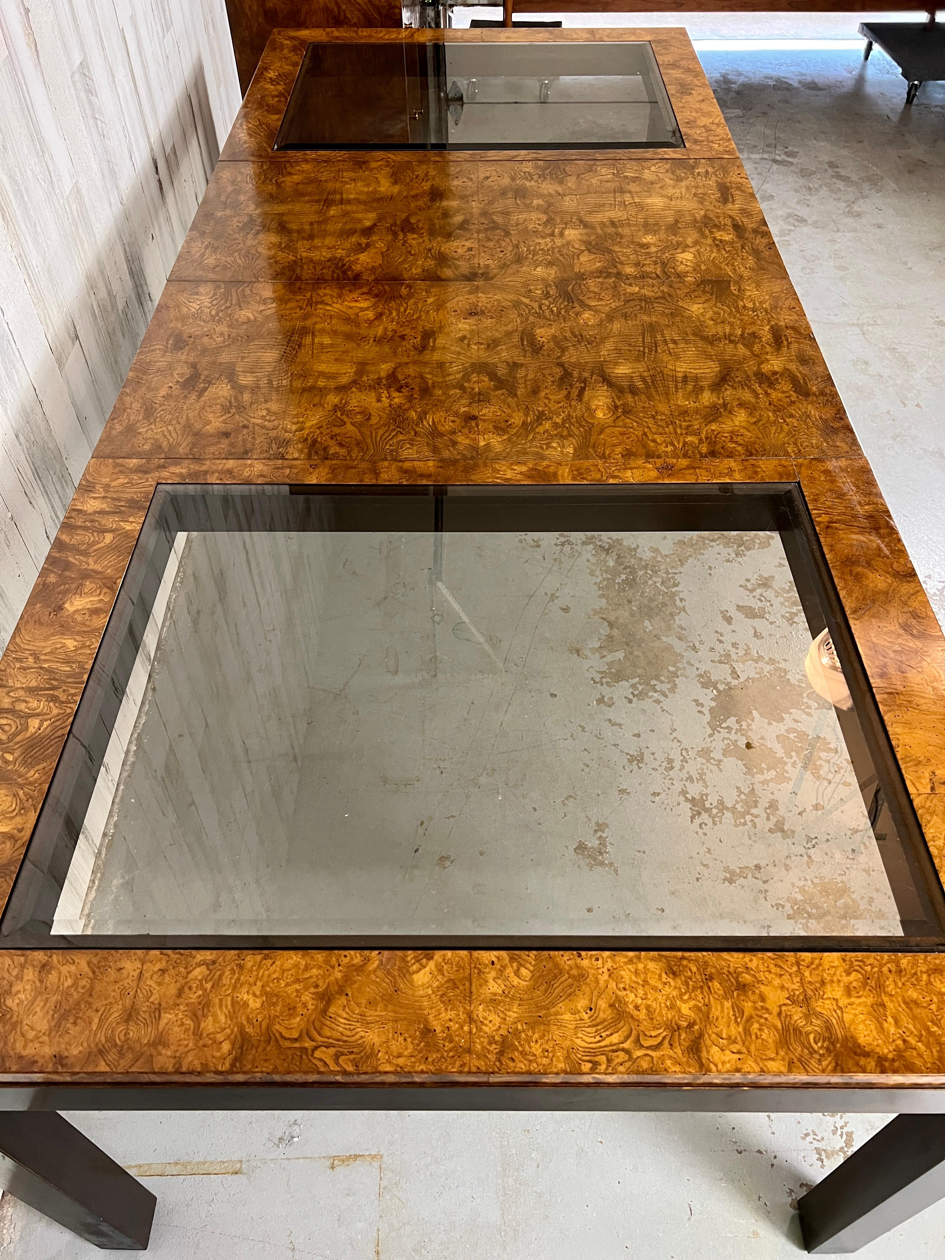 Mid-Century Modern Burl & Smoked Glass Extendable Dining Table by Century