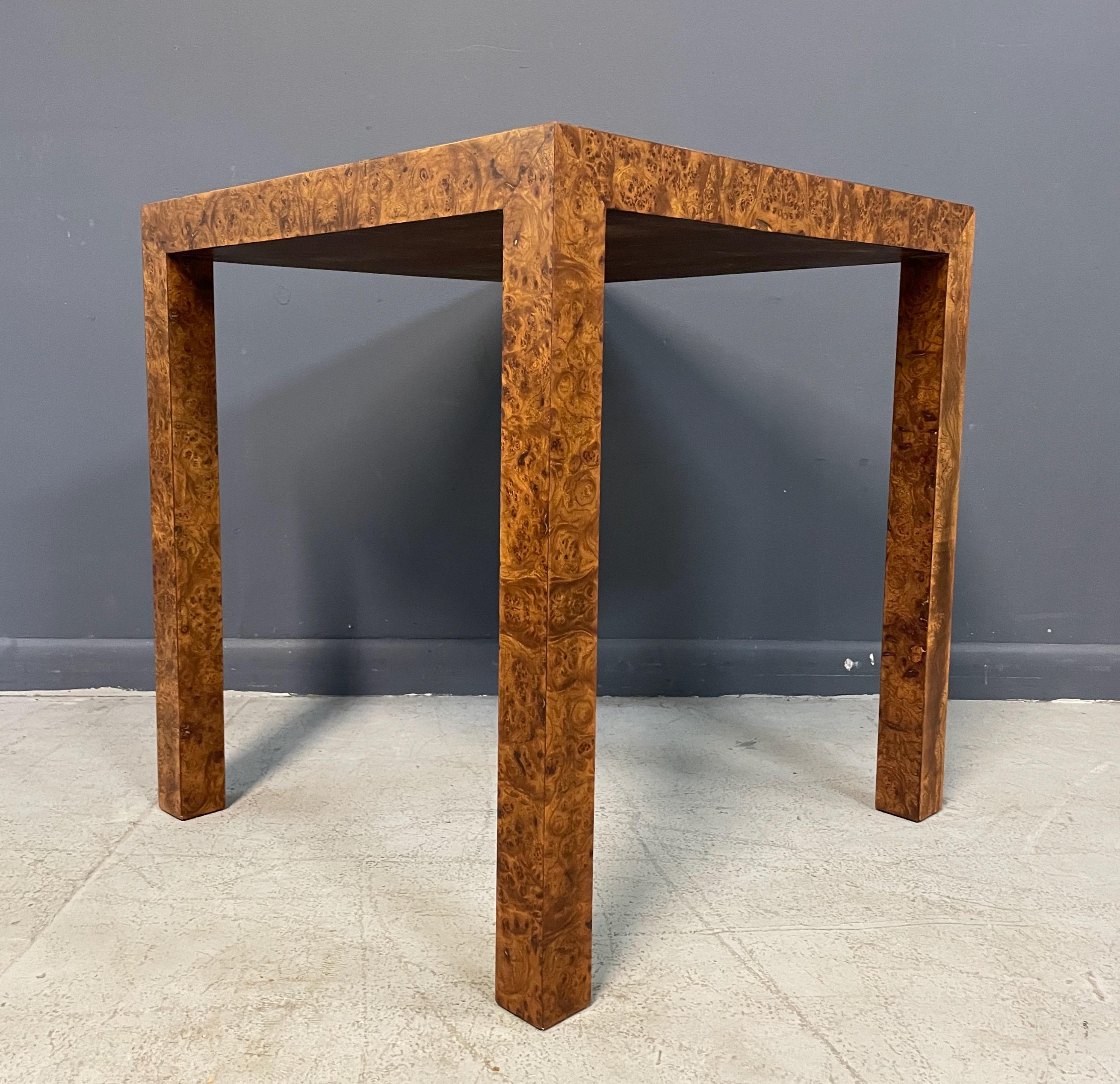 Mid-Century Modern Burl Square Olivewood Parsons Side Table Mid-Century in the Style of WJ Sloane