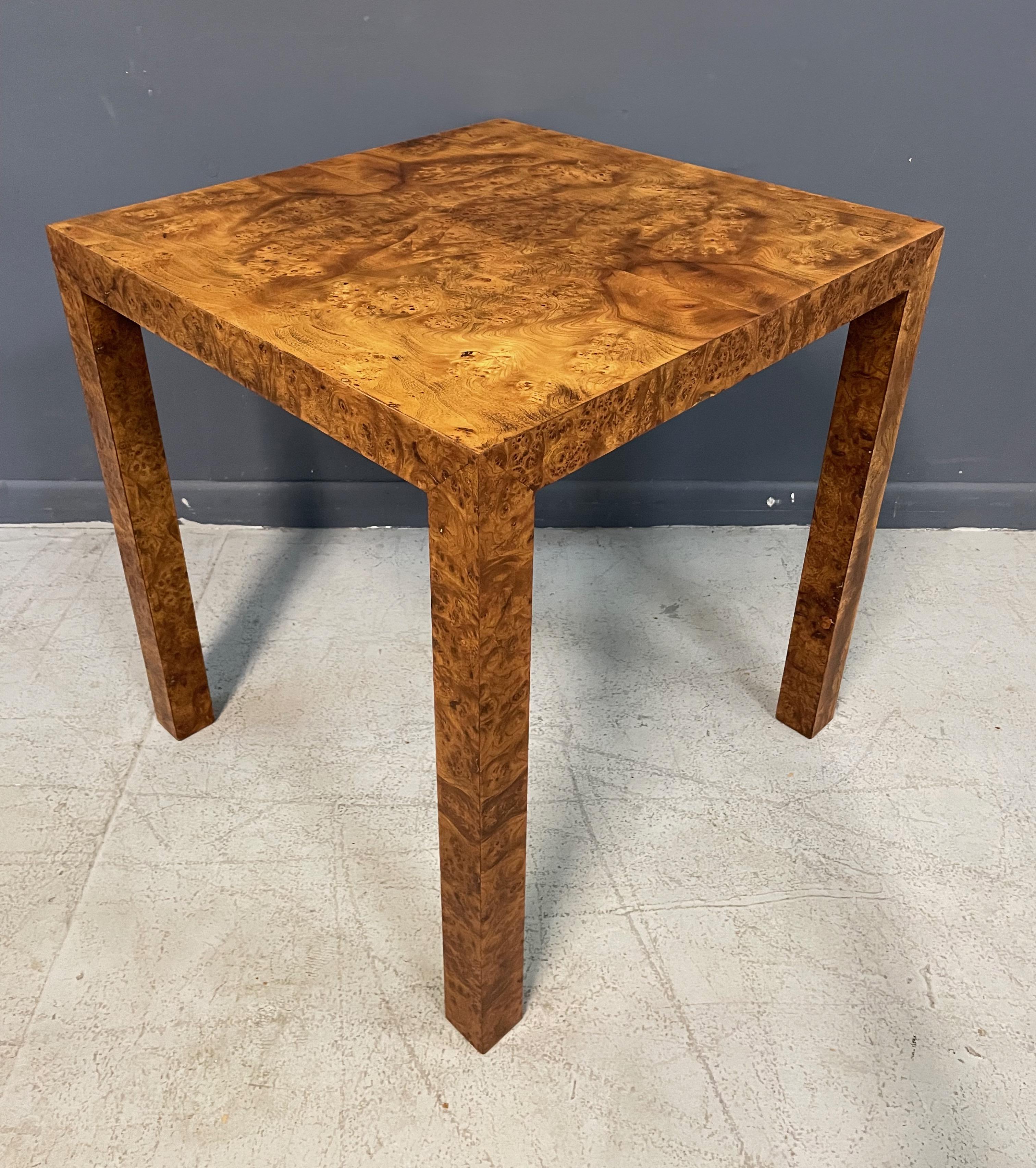 North American Burl Square Olivewood Parsons Side Table Mid-Century in the Style of WJ Sloane