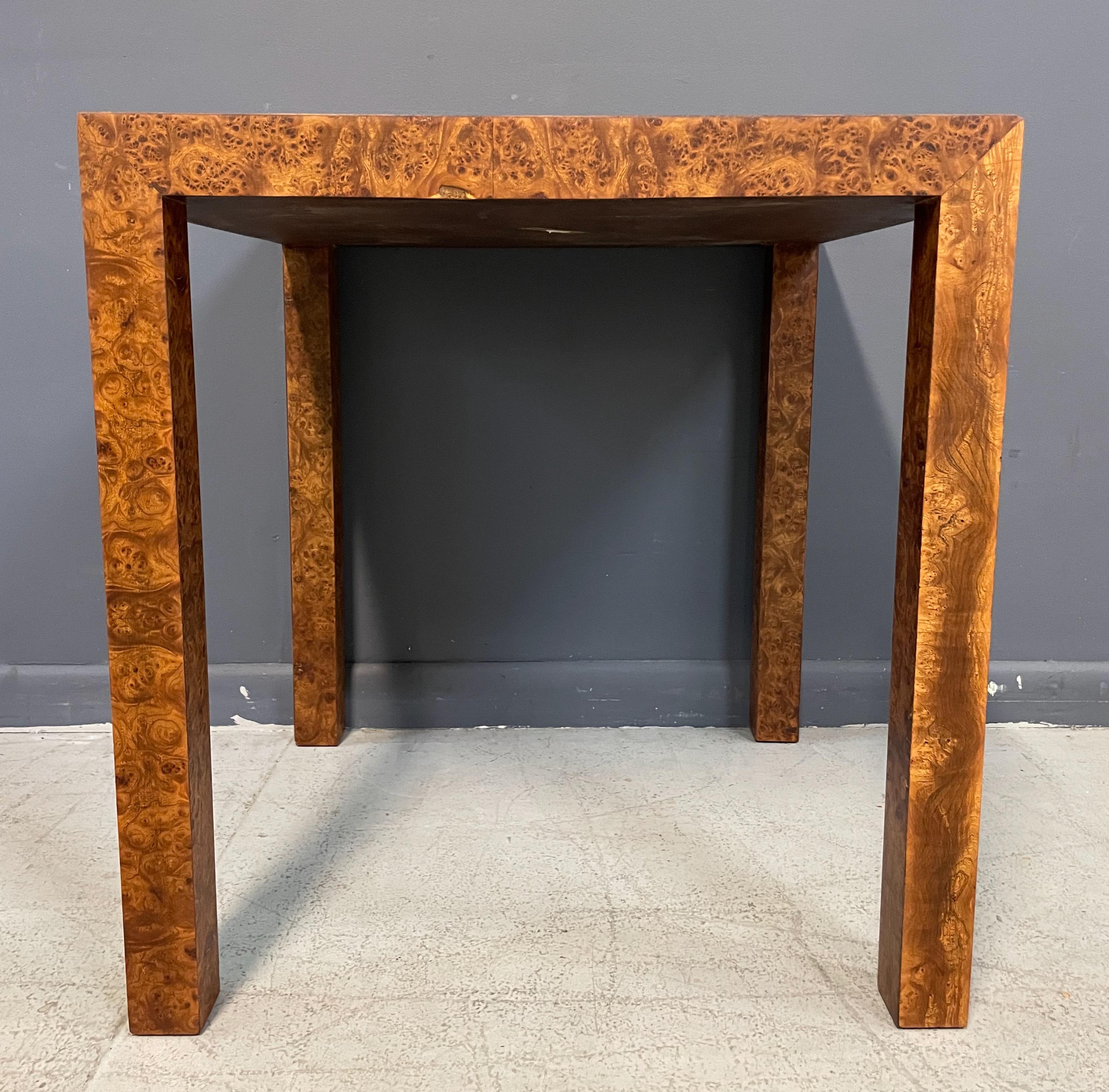 Burl Square Olivewood Parsons Side Table Mid-Century in the Style of WJ Sloane In Good Condition In Philadelphia, PA