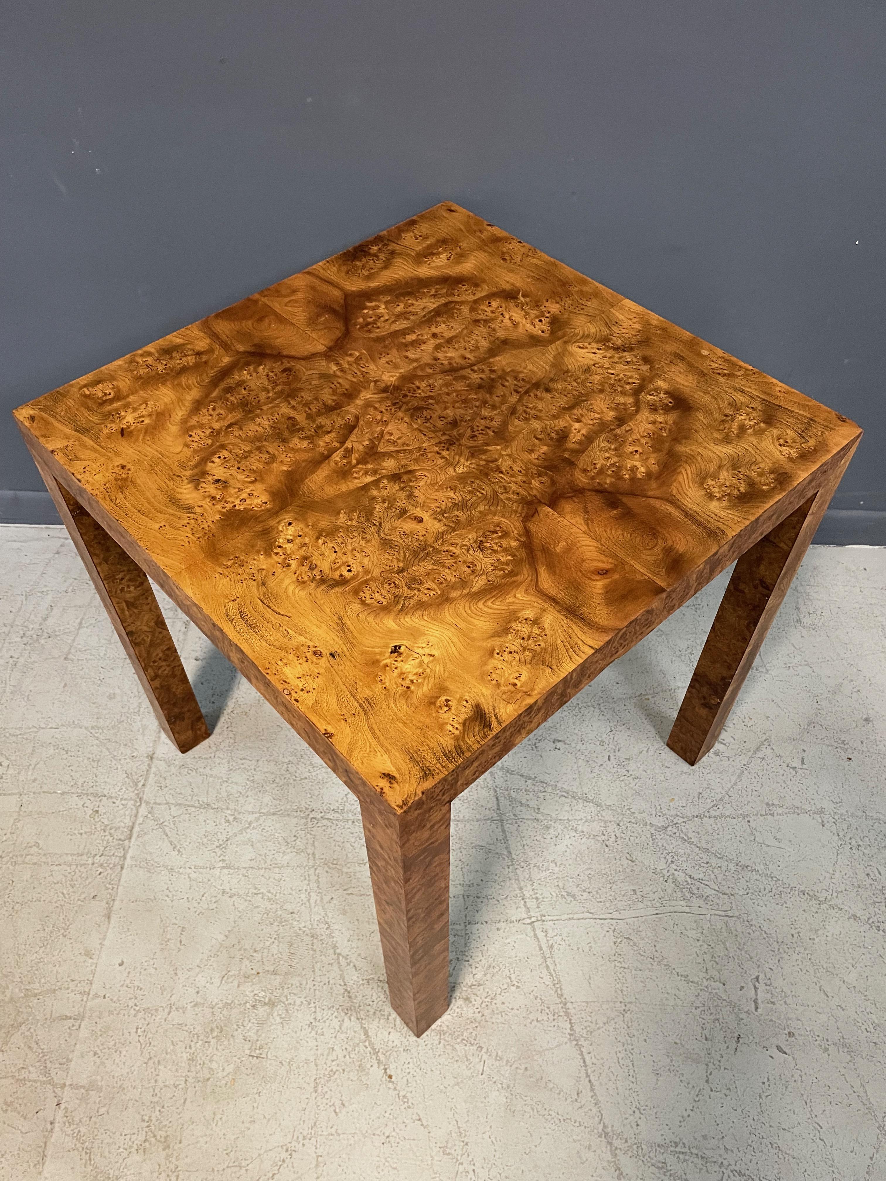 20th Century Burl Square Olivewood Parsons Side Table Mid-Century in the Style of WJ Sloane