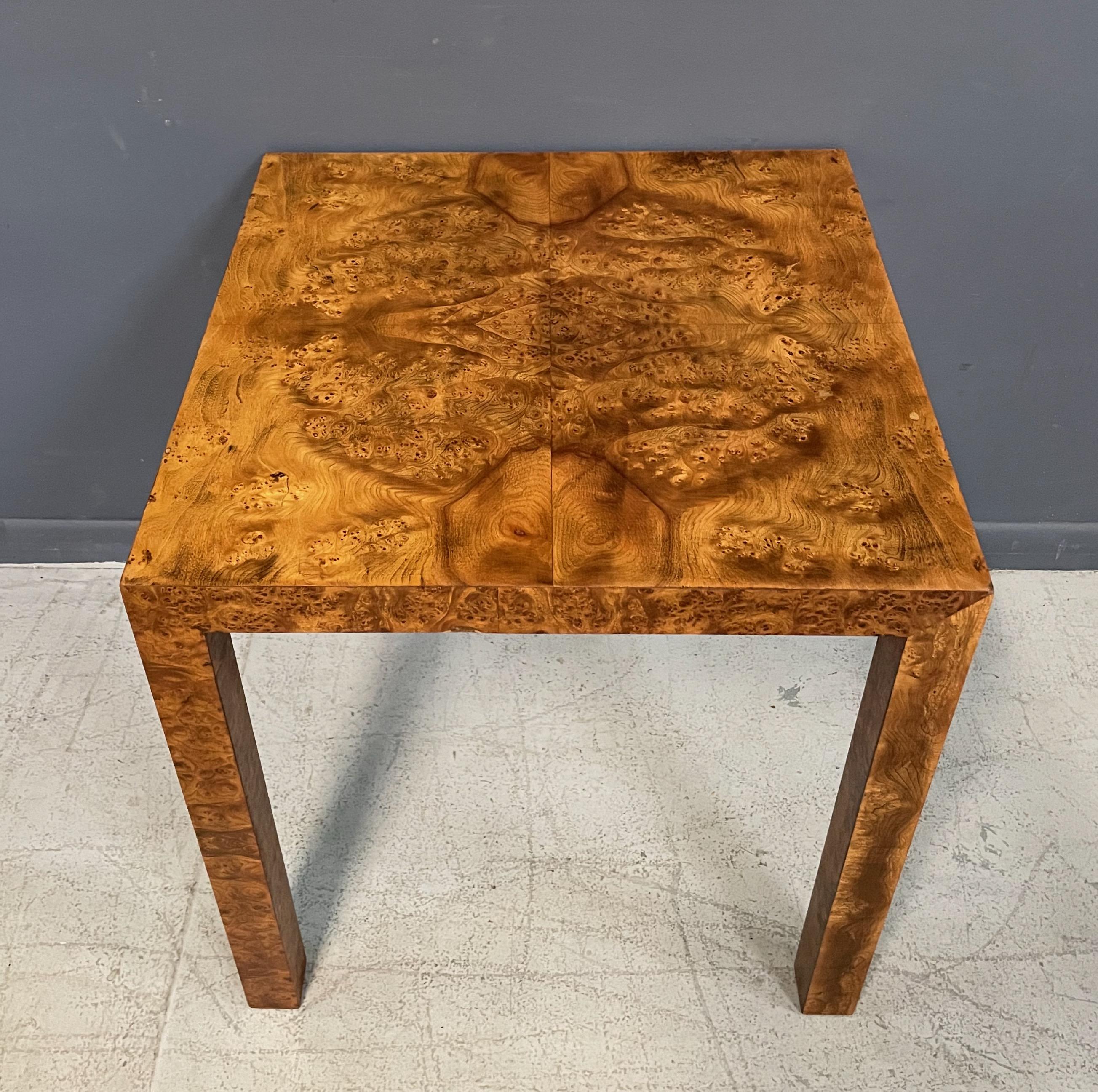 Burl Square Olivewood Parsons Side Table Mid-Century in the Style of WJ Sloane 1