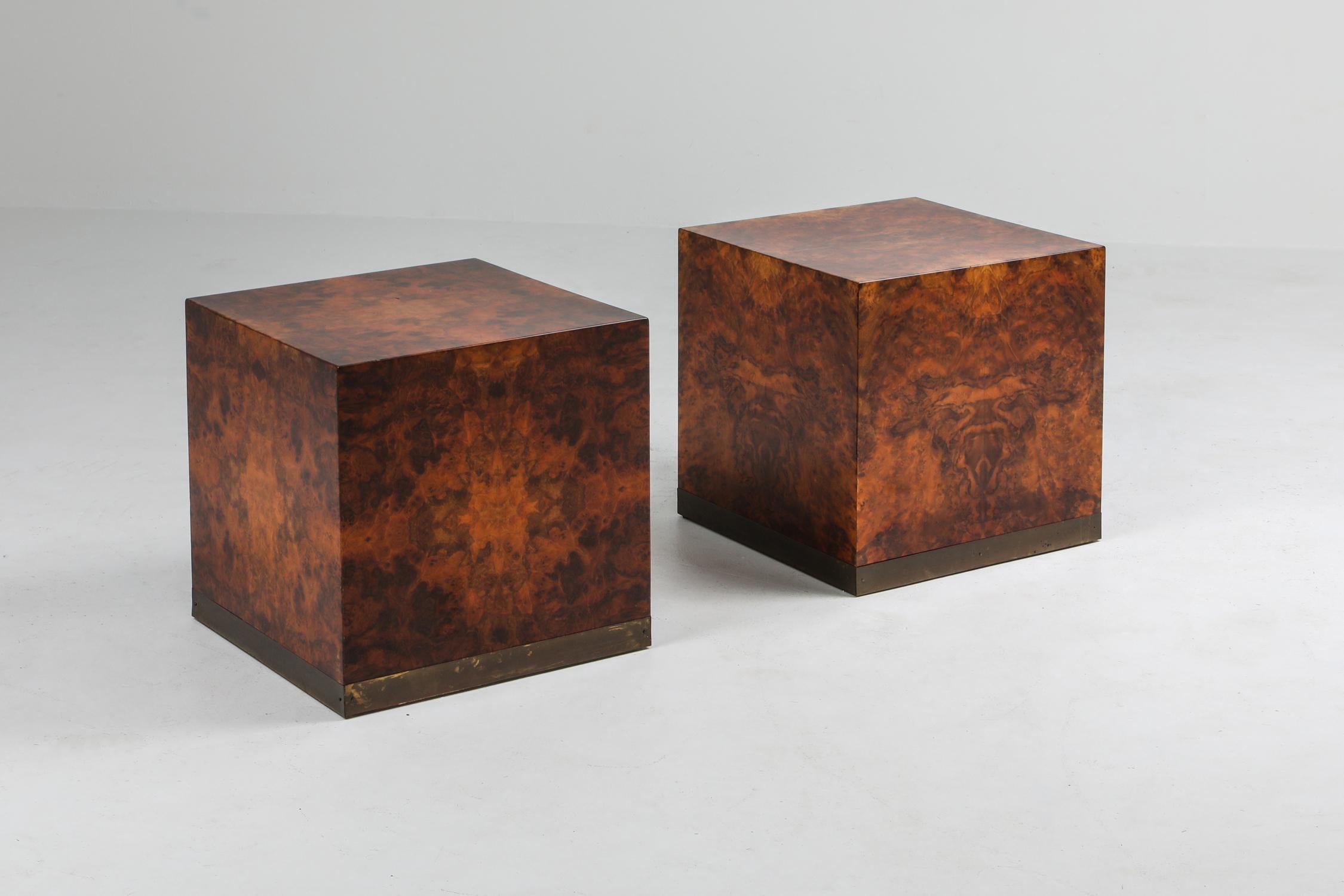 Postmodern Hollywood regency style lacquered side tables buy Jean Claude Mahey, France, 1970s.
Gorgeous lacquered burl veneer side tables finished with a brass rim at the bottom.
the veneer pattern is just amazing.
Check out our Goldwood