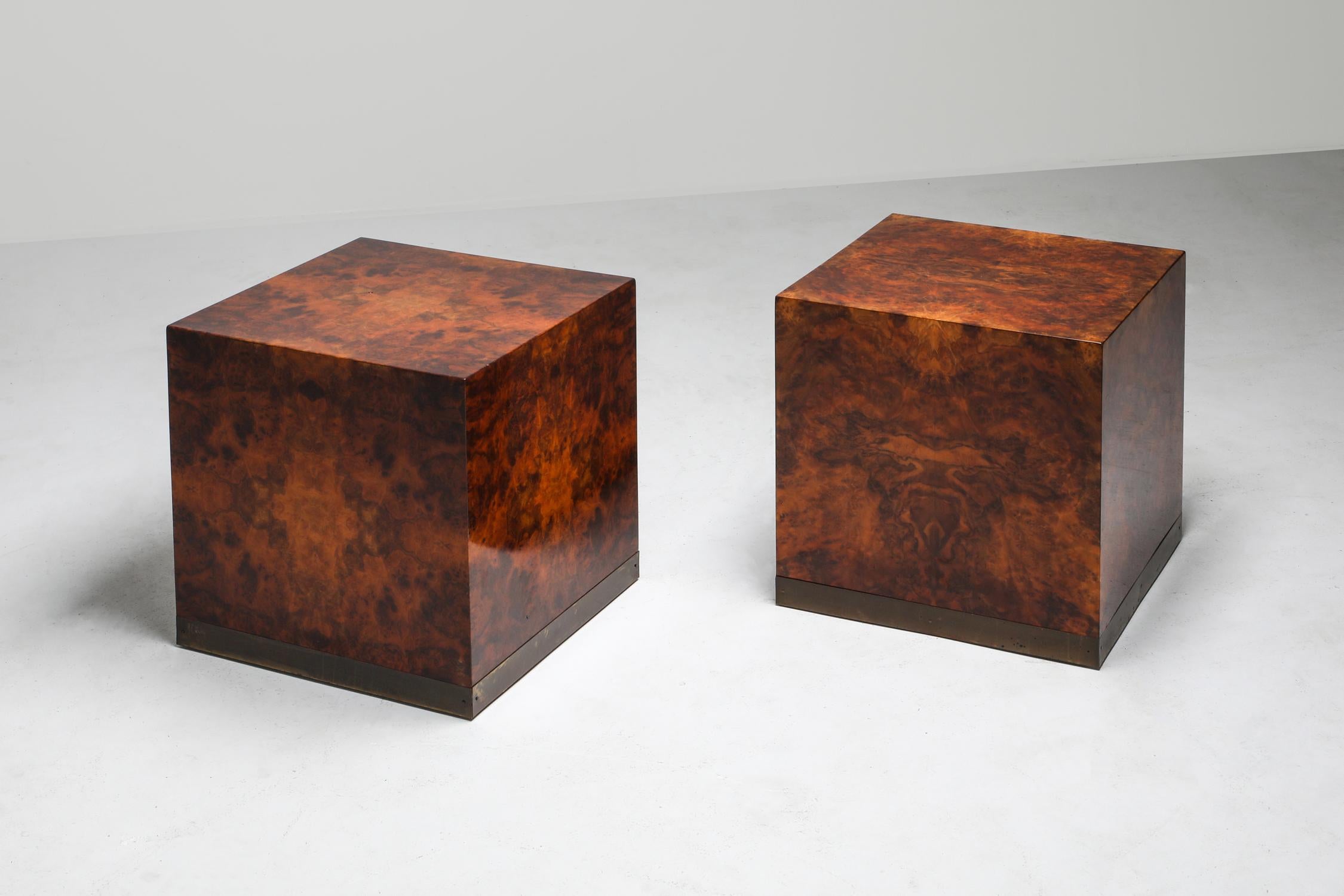 Hollywood Regency Burl Square Side Tables by Jean Claude Mahey