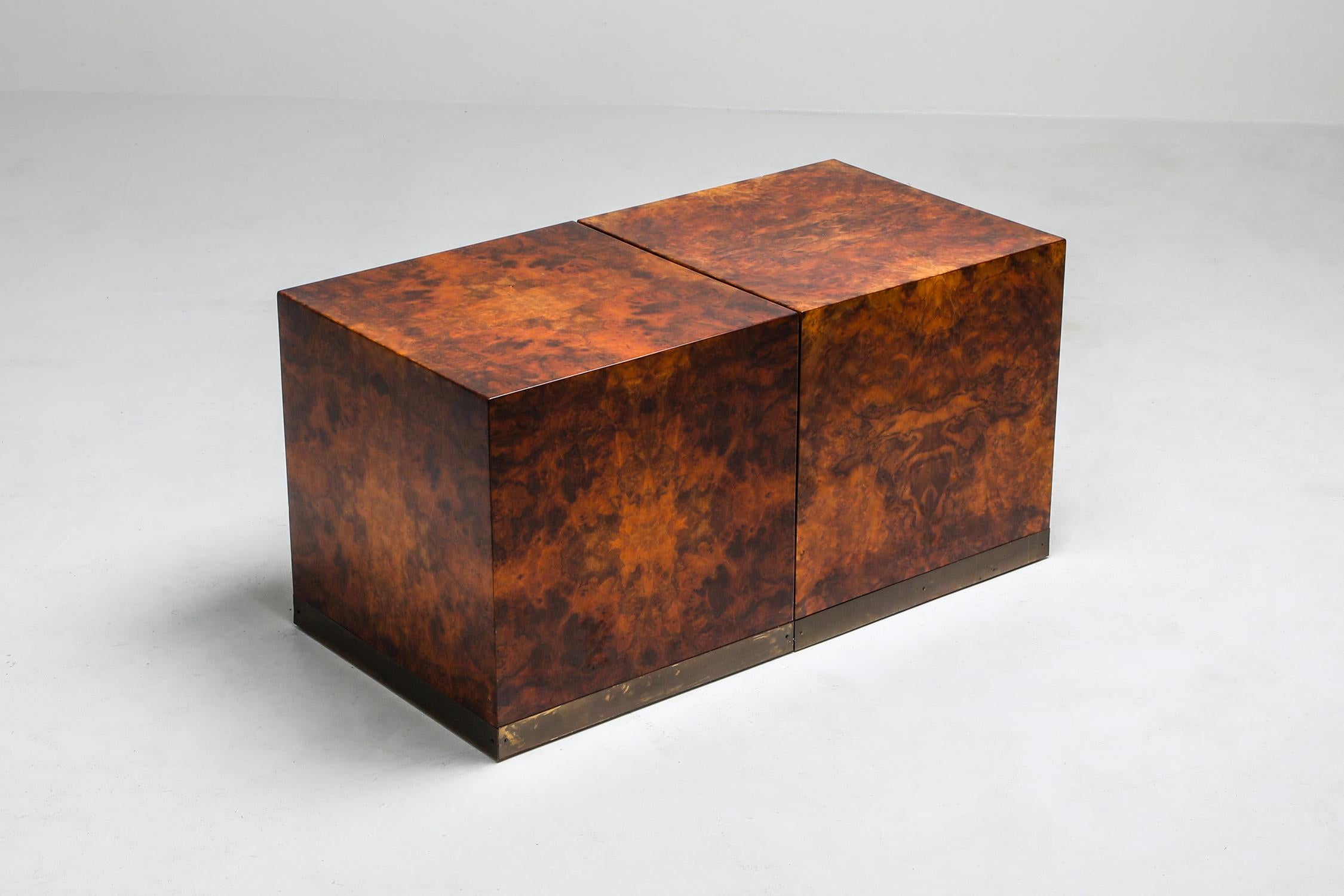 European Burl Square Side Tables by Jean Claude Mahey